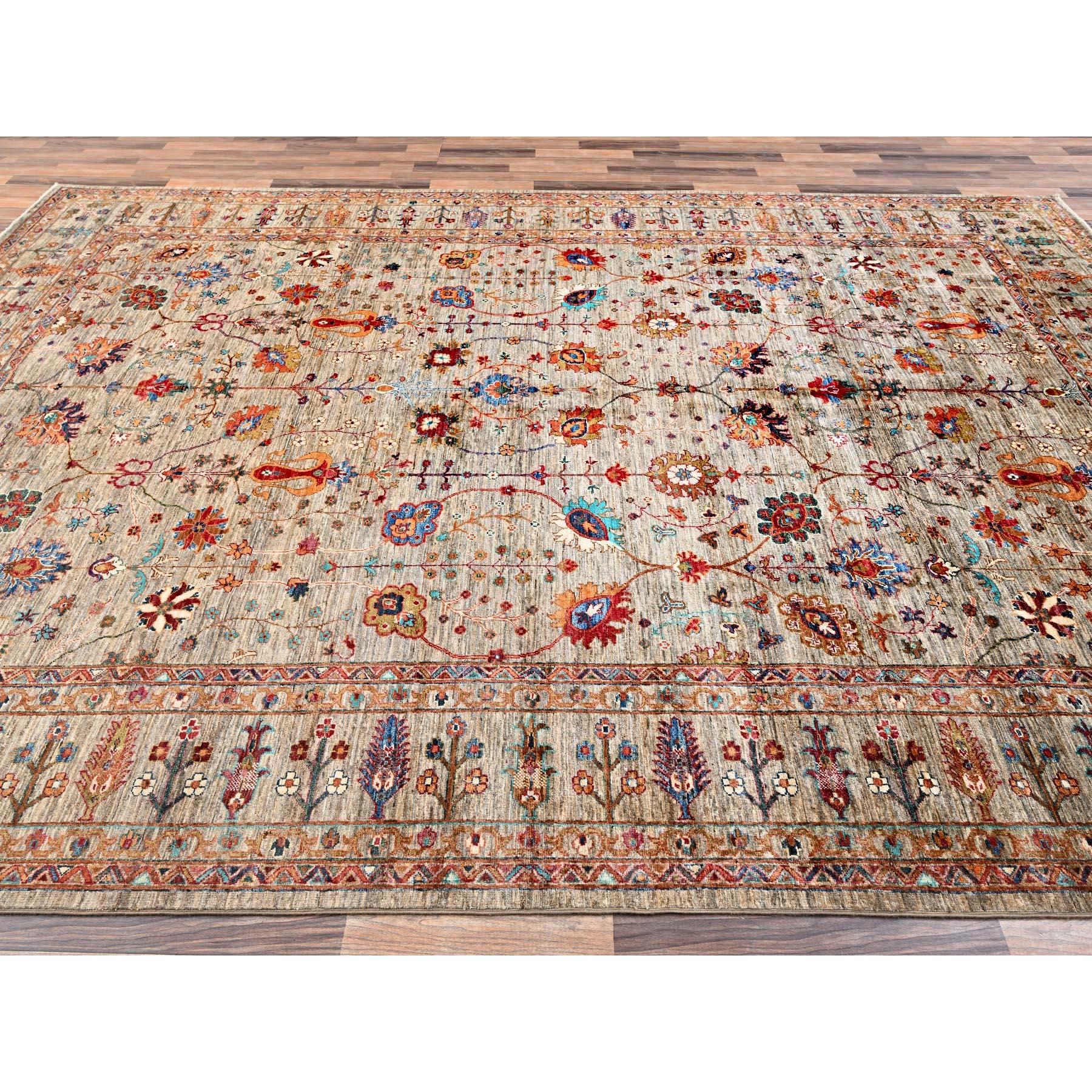 Annodato a mano 9'x12' Khaki Brown Afghan Sultani con Design/One annodato a mano Rugs di lana in vendita