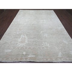 9'x12' Hellbrauner handgeknüpfter Angora-Oushak-Teppich mit Blatt-Design aus reiner Wolle