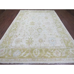 9'x12' Grigio chiaro Tappeto afgano annodato a mano in angora Oushak con disegno di foglie in pura lana
