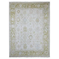 9'x12' Grigio chiaro Tappeto afgano annodato a mano in angora Oushak con disegno di foglie in pura lana