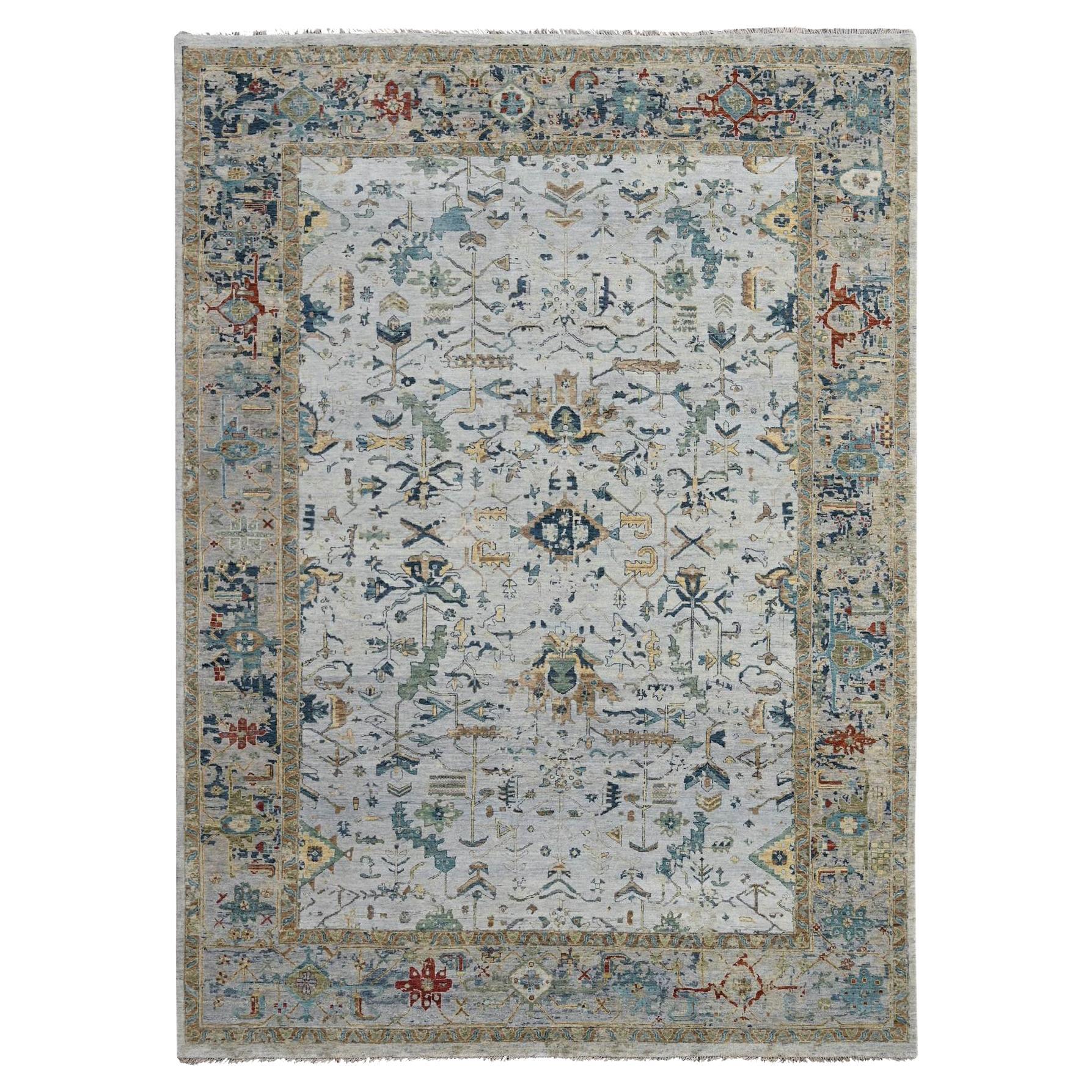 Tappeto Orientale 9'x12' in Lana Grigio Chiaro Annodato a Mano con Disegno Heriz Cancellato Rotto