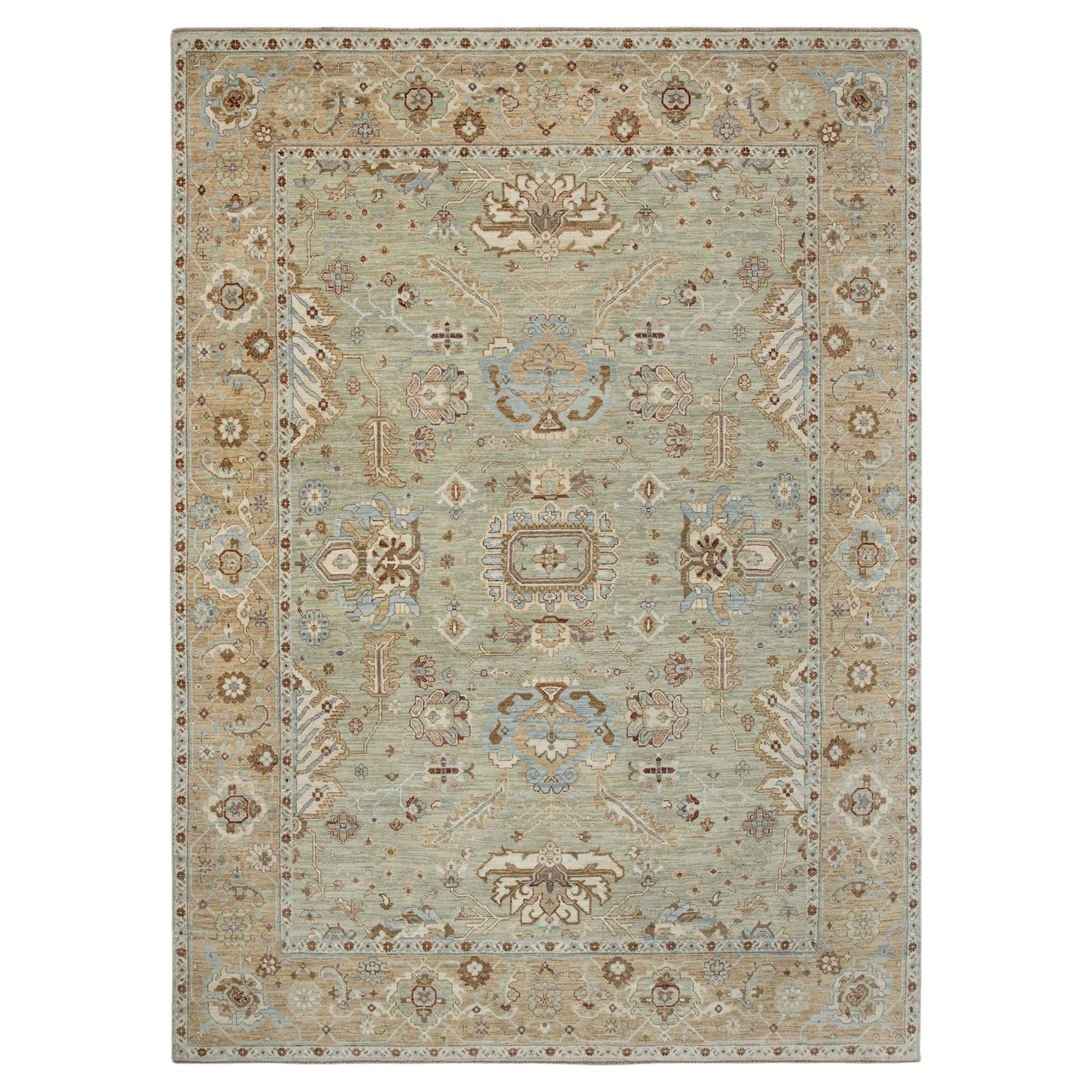 9x12 Light Green Oushak Wool Hand knotted Teal Floral Design Rug ( G-14014) For Sale