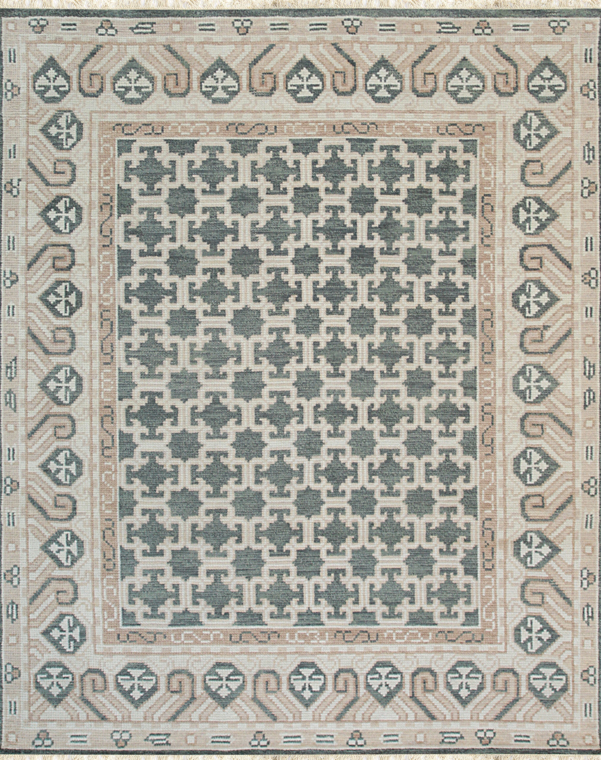 9x12 Luxurious Oriental Green Traditional Geometric Hand Knotted Wool Carpet Rug