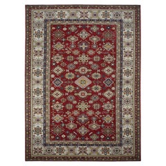9
x12
 Maroon Red, Super Kazak Geometric Design, Pure Wool, Hand Knotted, Rug