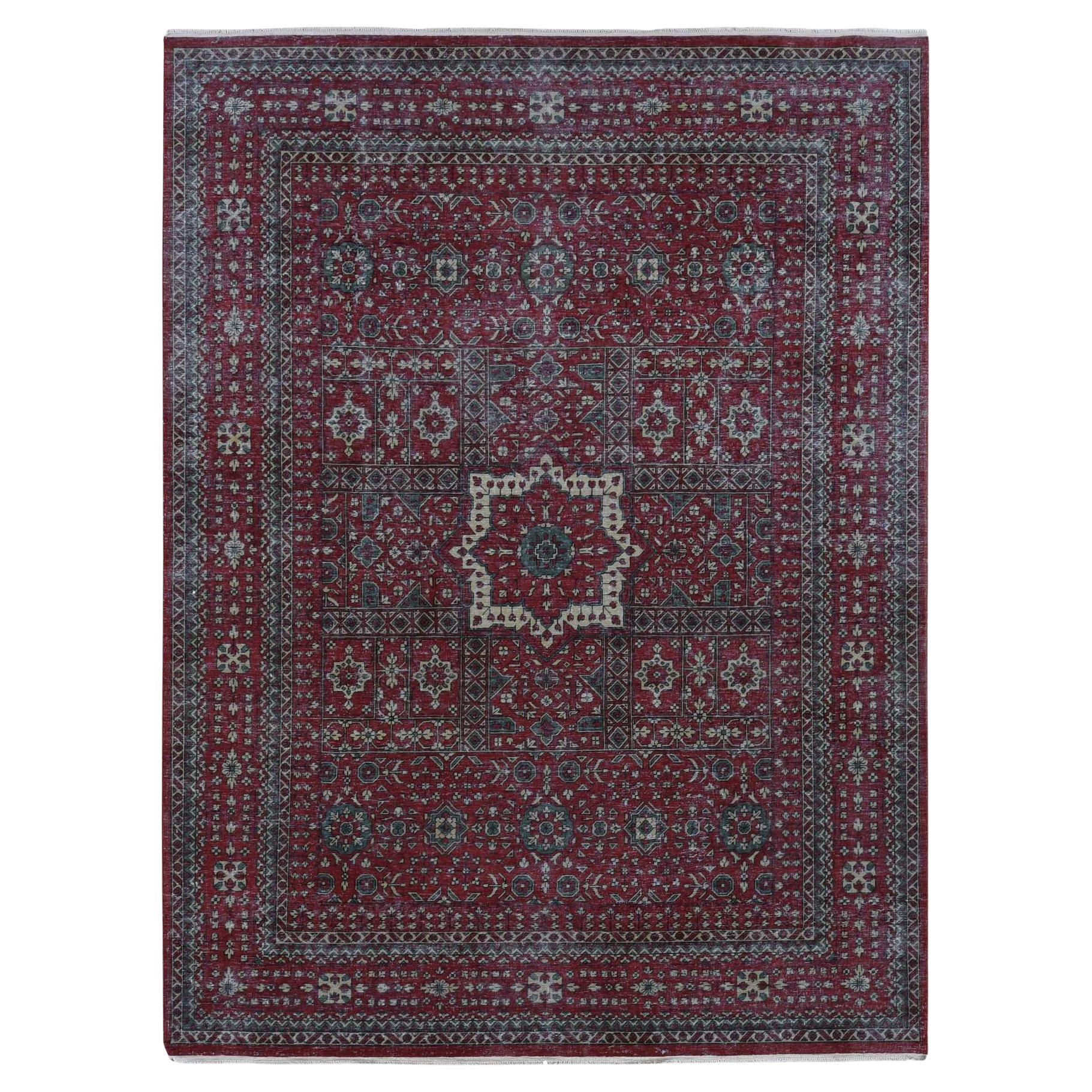 9'x12' Rojo Granate, Mameluco Aspecto Vintage, Lana Gastada Alfombra Oriental Anudada a Mano