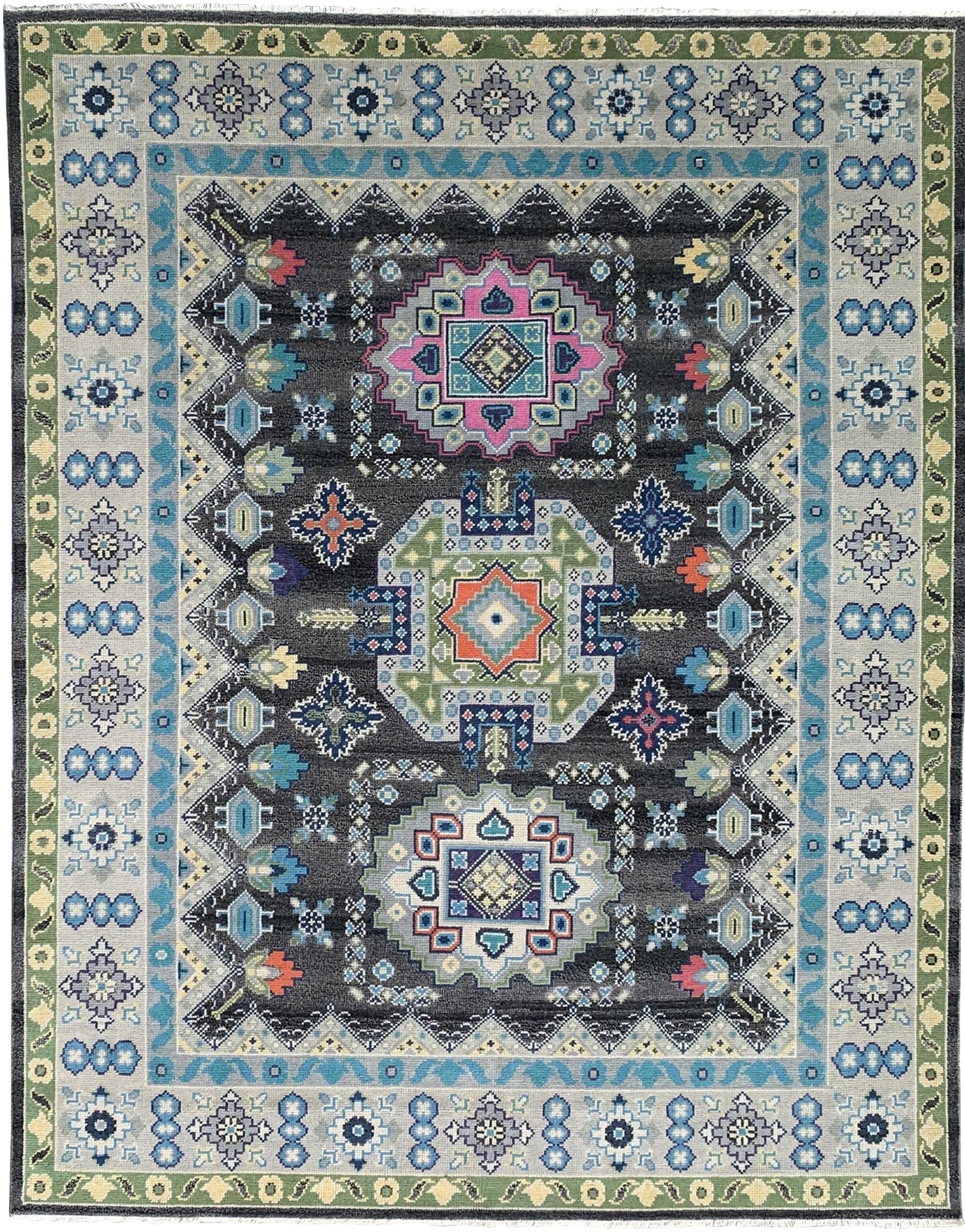 9x12 Maya Kazak Charcoal Traditional Geometric Hand Knotted Wool Carpet Rug