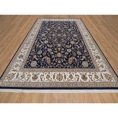 9'x12' Midnight Blue Nain with Floral Pattern Hand Knotted Wool & Silk Rug