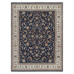 9'x12' Midnight Blue Nain with Floral Pattern Hand Knotted Wool & Silk Rug