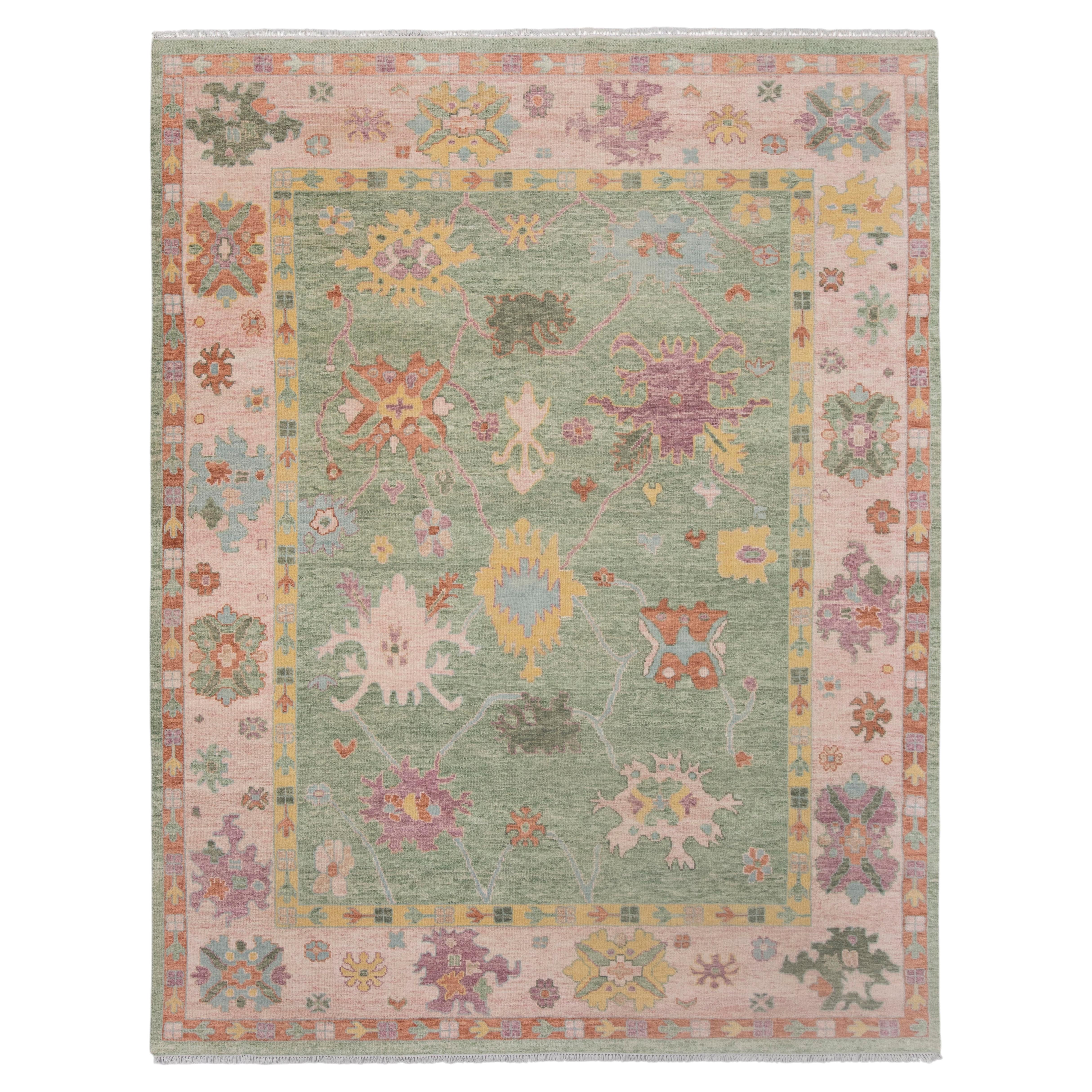 9x12 Menthe et rose pastel Tapis en laine Oushak noué à la main ( JC-10778)