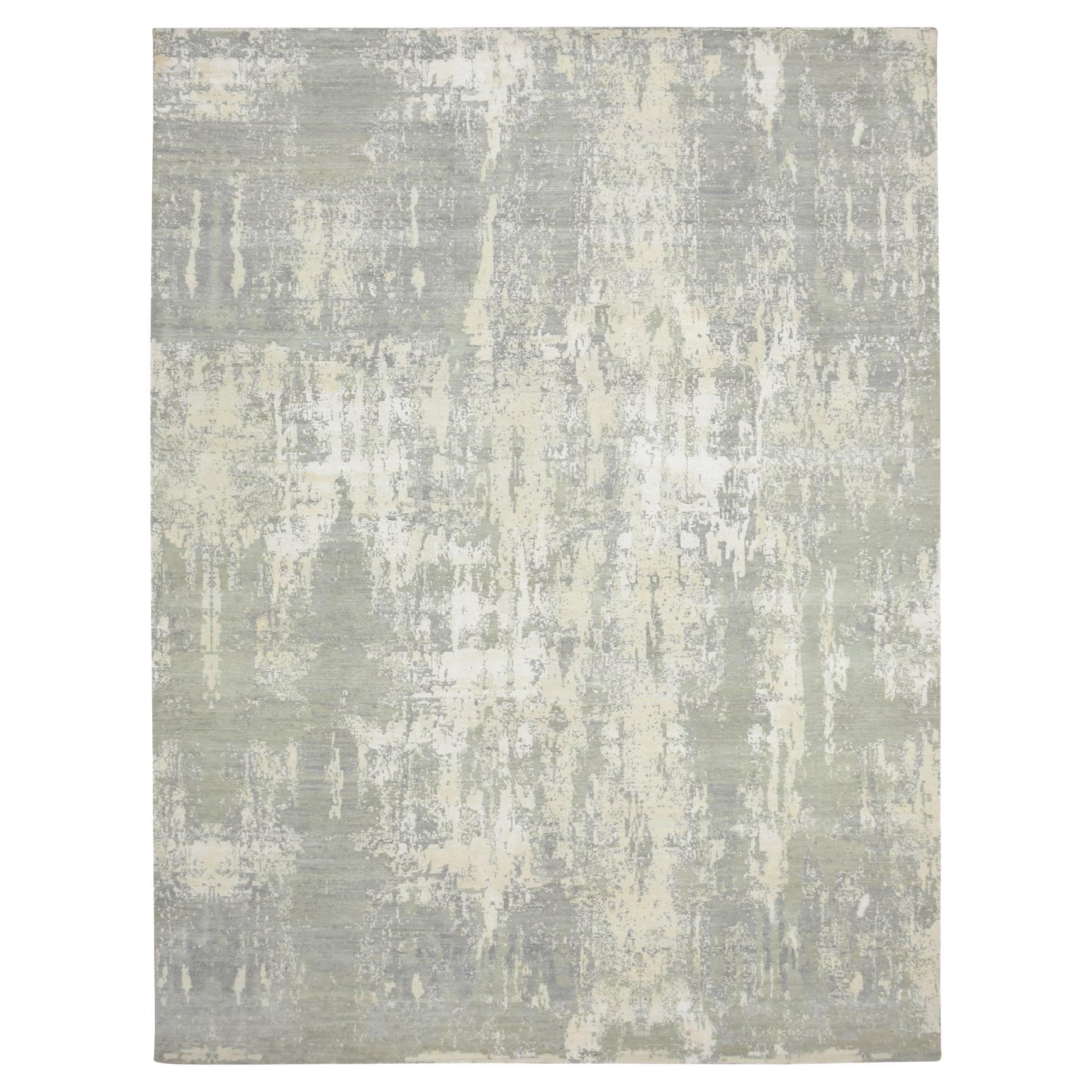 9'x12' Misty Grau Moderner Abstrakter Entwurf Wolle und reine Seide Handgeknüpfter Teppich