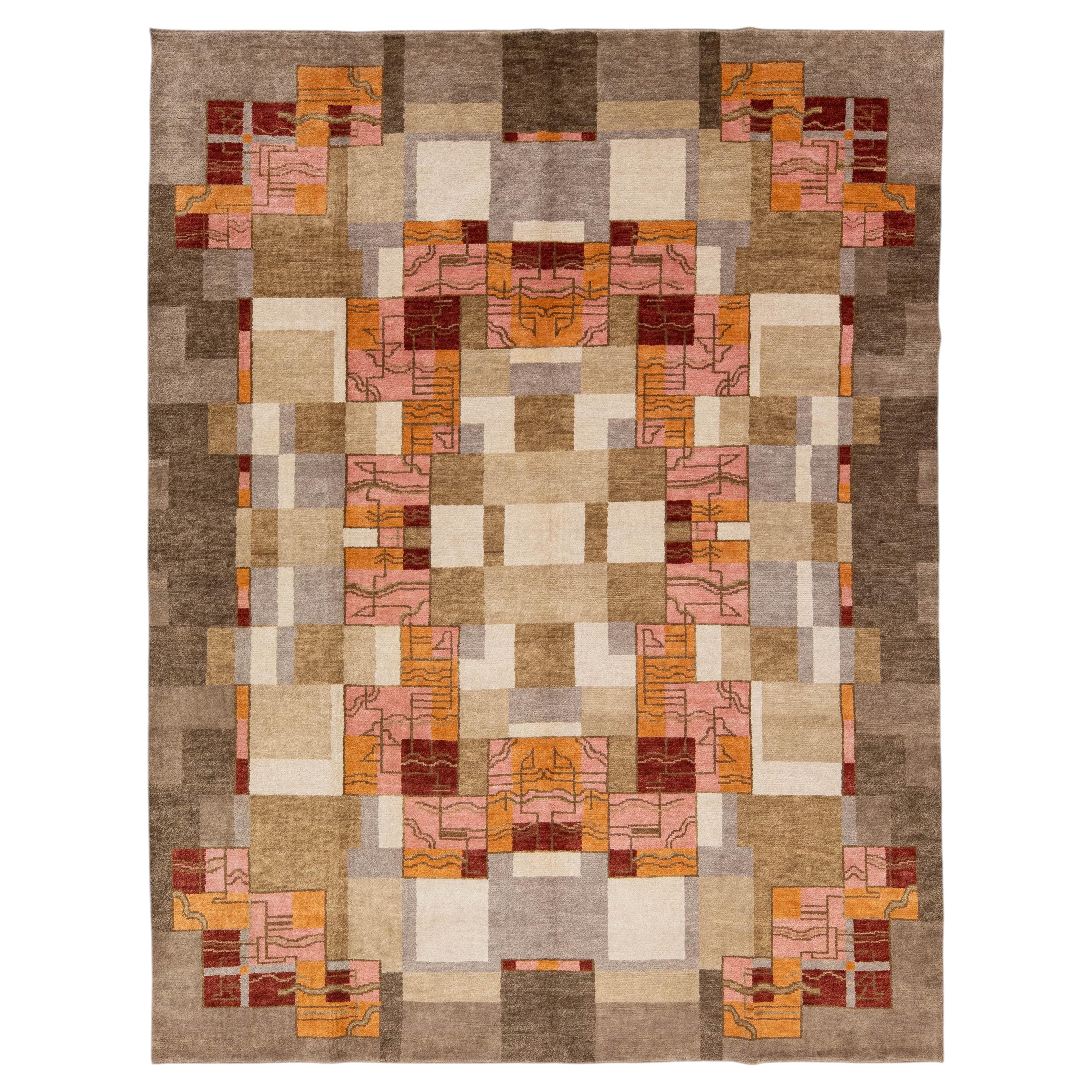 9x12 Modern Art Deco Geometric Wool Rug – Abstract Maze Design in Pink & Ochre