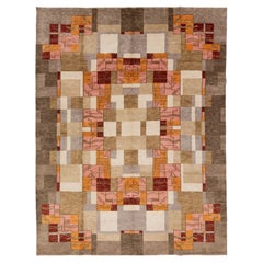 Tappeto di lana geometrico Art Deco moderno 9x12 - Design astratto a labirinto in rosa e ocra