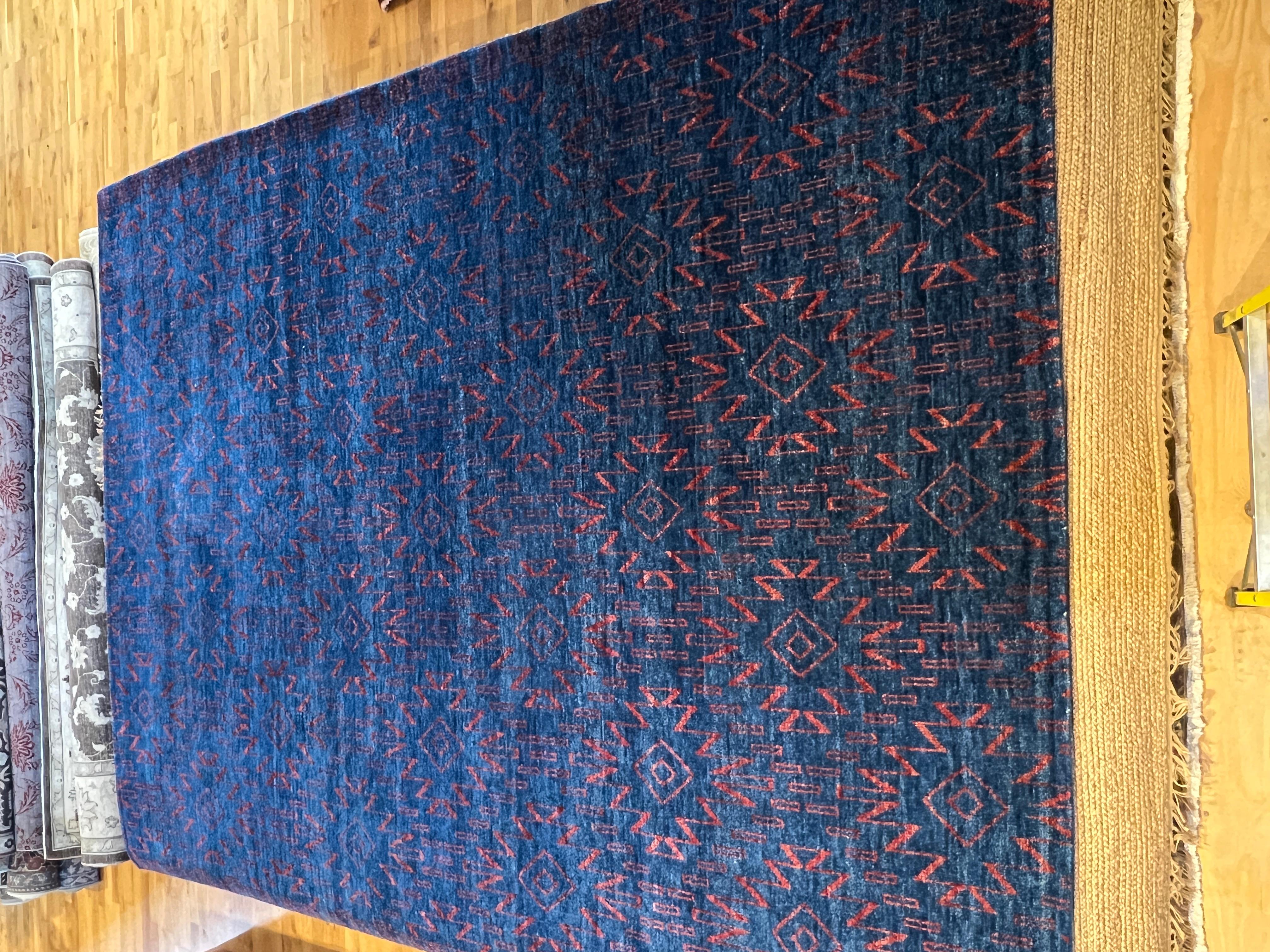 Indian 9'x12' Modern Moroccan Rug in Navy Blue For Sale