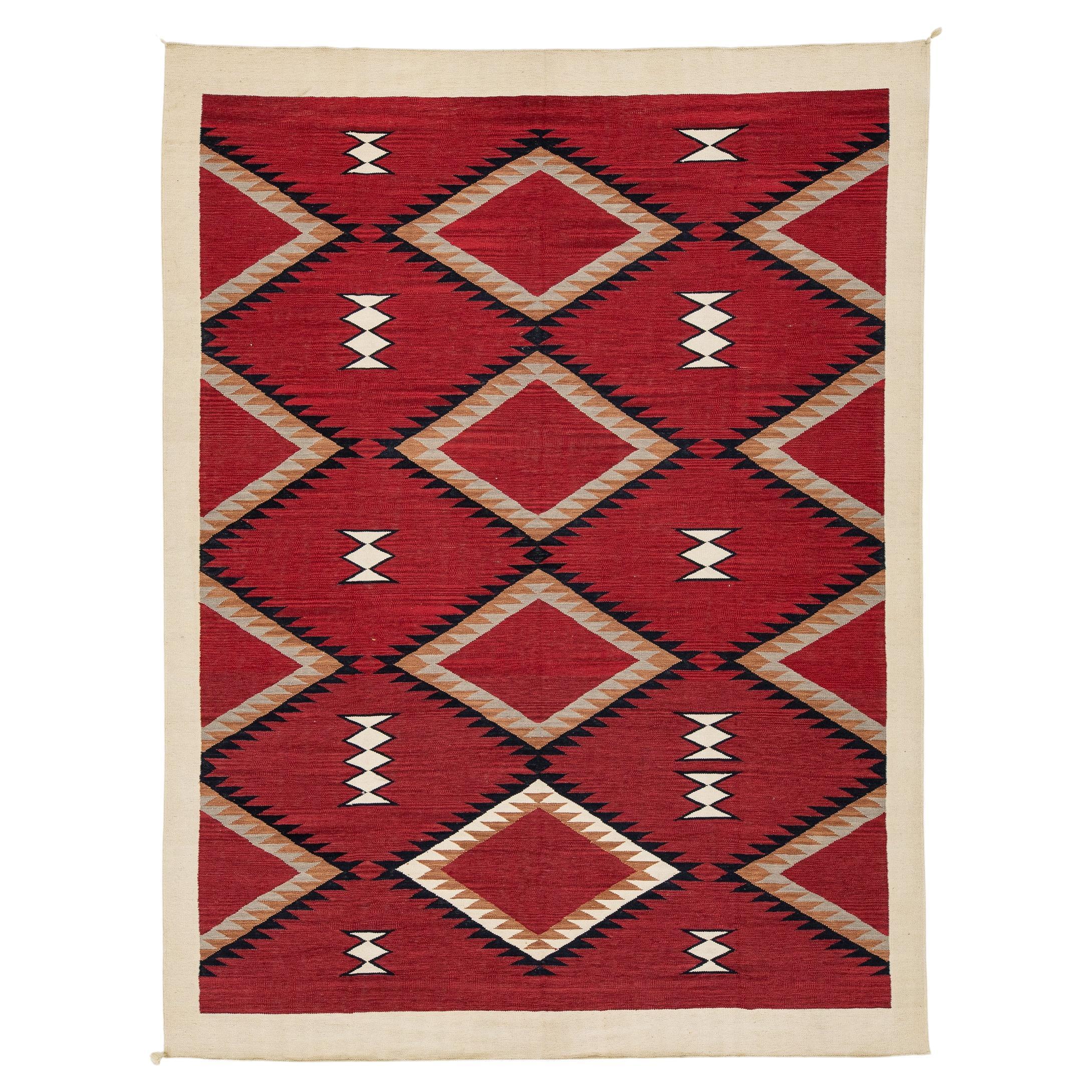 9x12 Modern Navajo Style Geometric Area Rug Handmade Red & Cream Wool Flatweave