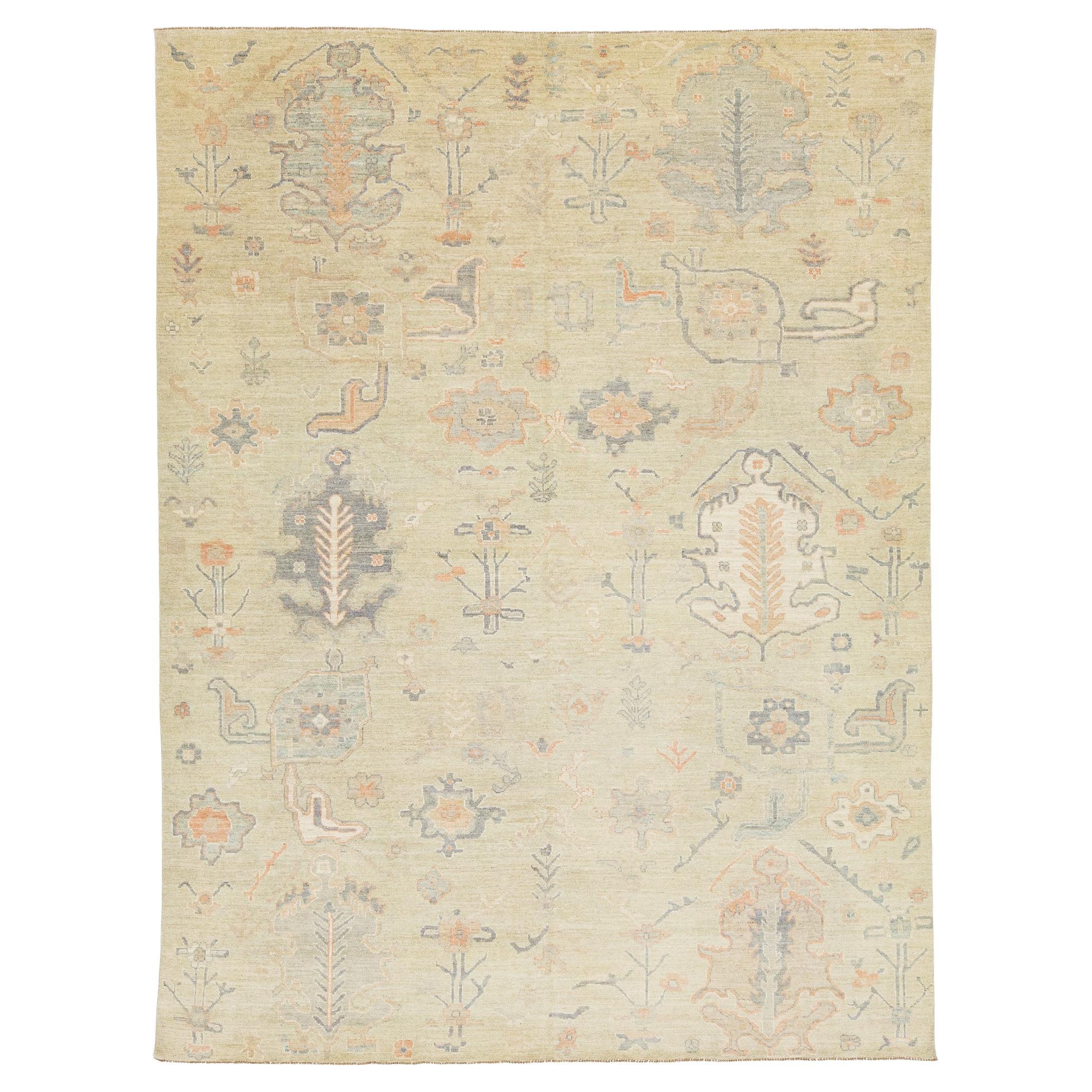 9x12 Modern Oushak Style Hand-Knotted Wool Area Rug – Muted Sage & Terracotta
