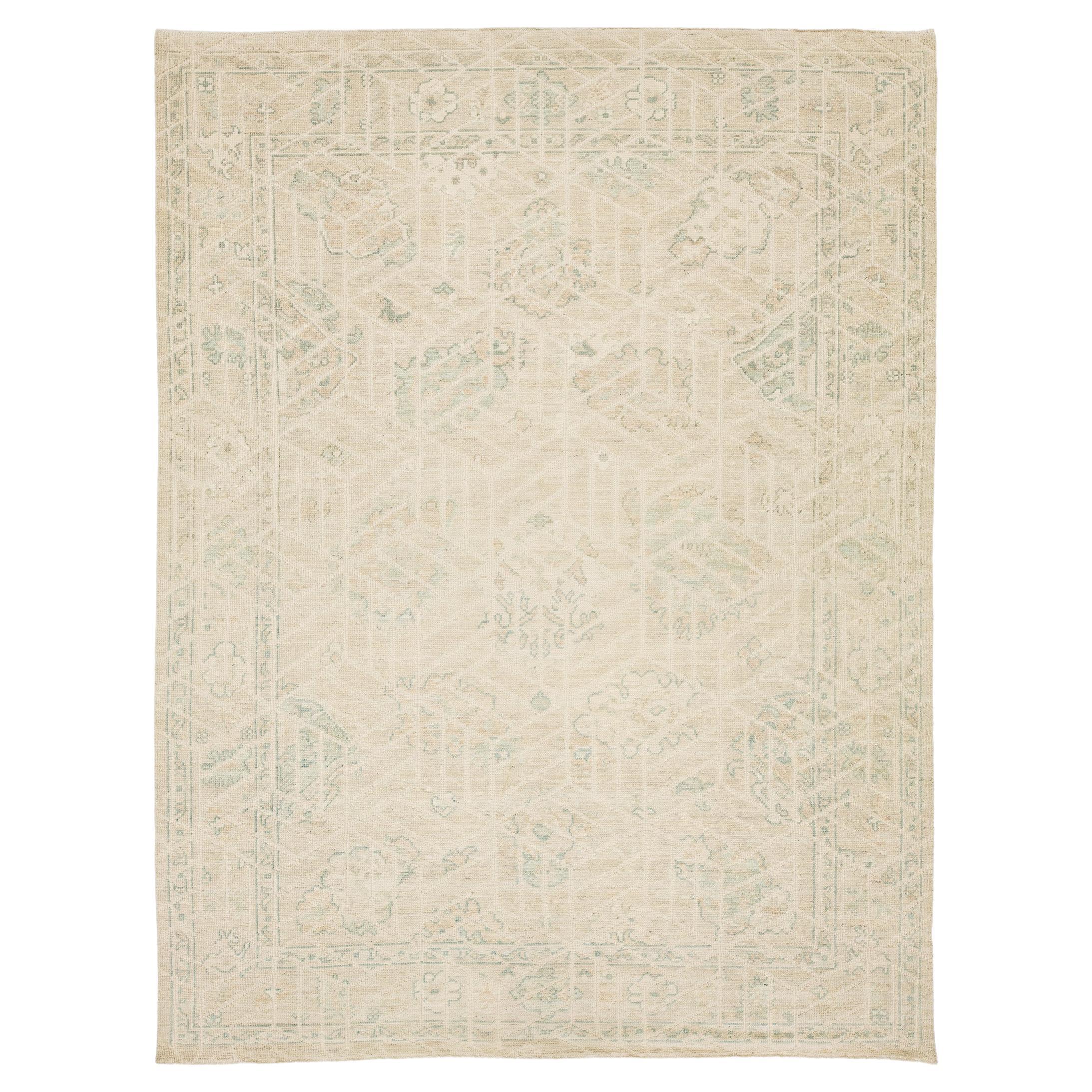 9x12 Modern Oushak Style Hand-Knotted Wool Rug – Neutral Ivory & Sage Geometric