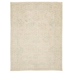 9x12 Modern Oushak Style Hand-Knotted Wool Rug – Neutral Ivory & Sage Geometric