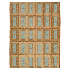 9x12 Tapis géométrique moderne en laine tissée à plat de style suédois en bleu ciel et terre cuite