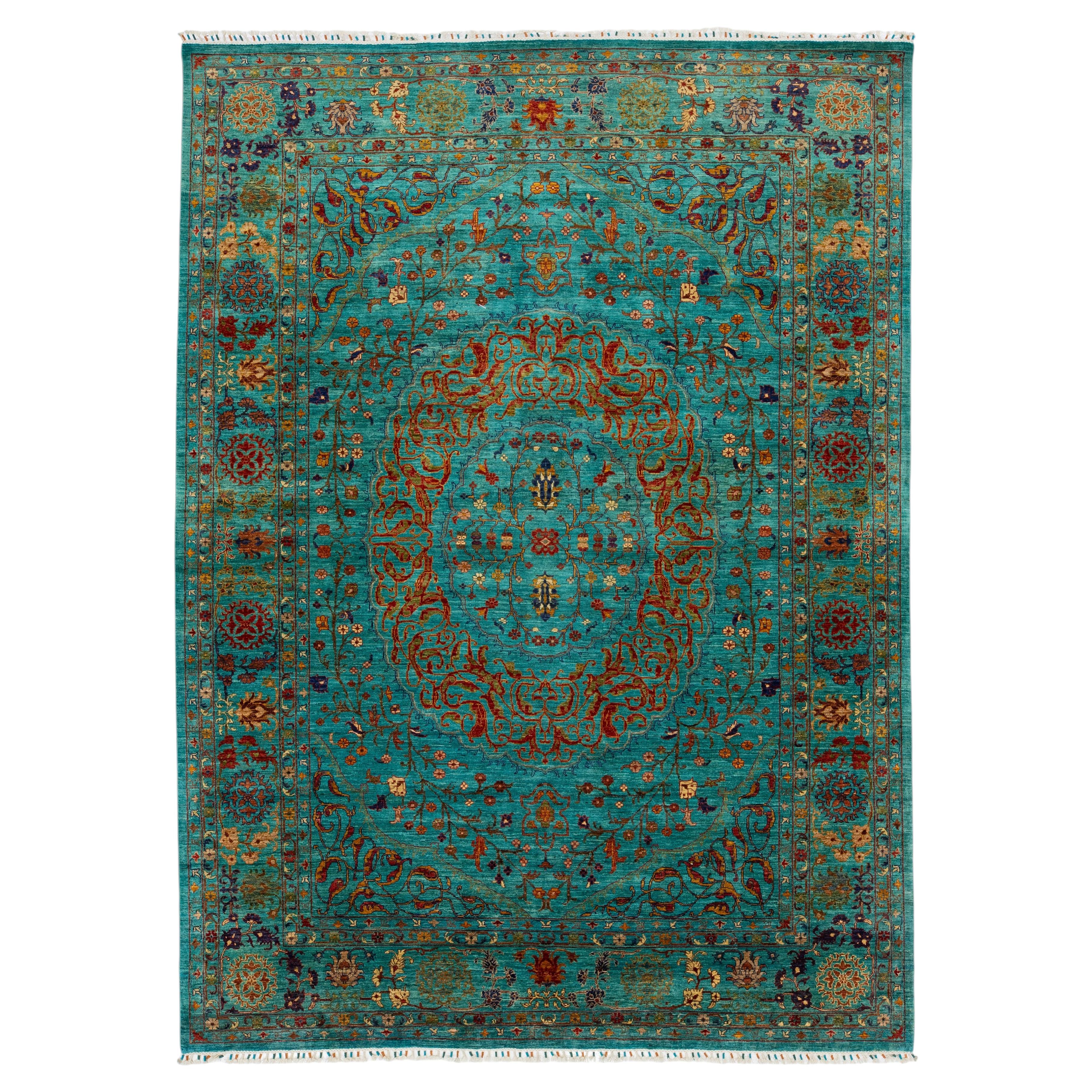 9x12 Modern Tabriz Style Hand-Knotted Wool Area Rug – Vibrant Teal & Terracotta