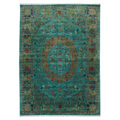 9x12 Modern Tabriz Style Hand-Knotted Wool Area Rug – Vibrant Teal & Terracotta