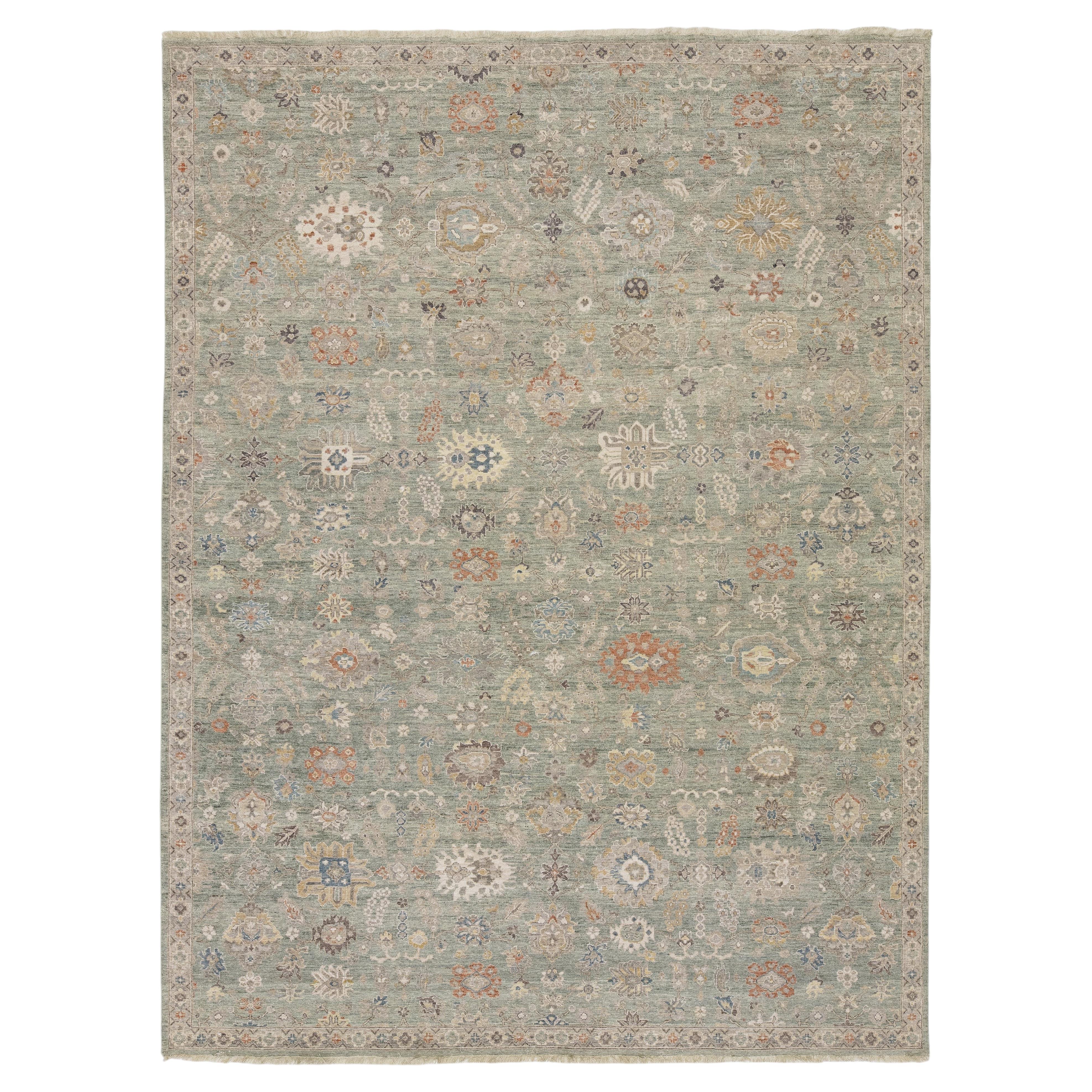 9x12 Modern Tabriz Style Wool Area Rug in Sage Green and Muted Earth Tones