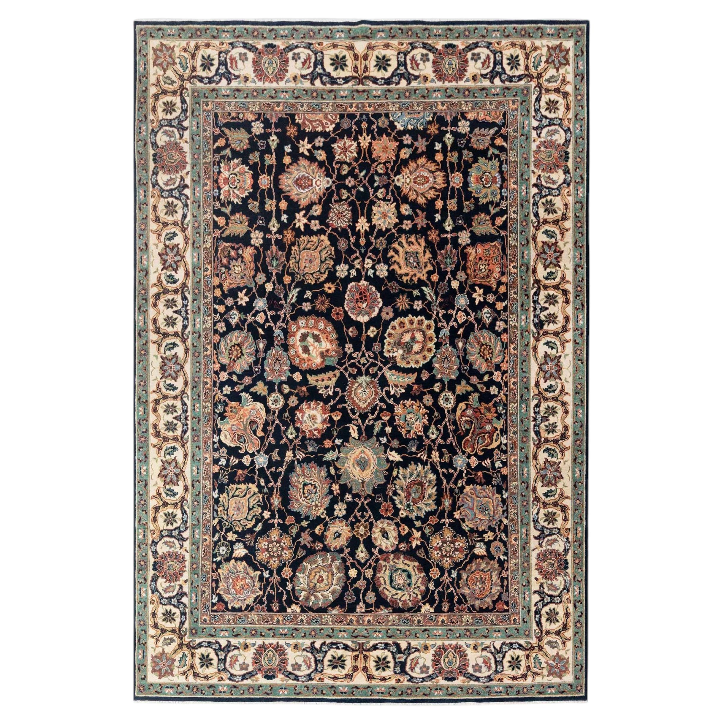 9x12 Navy Cream Hand Knotted Persian Wool Rug ( 3598 )