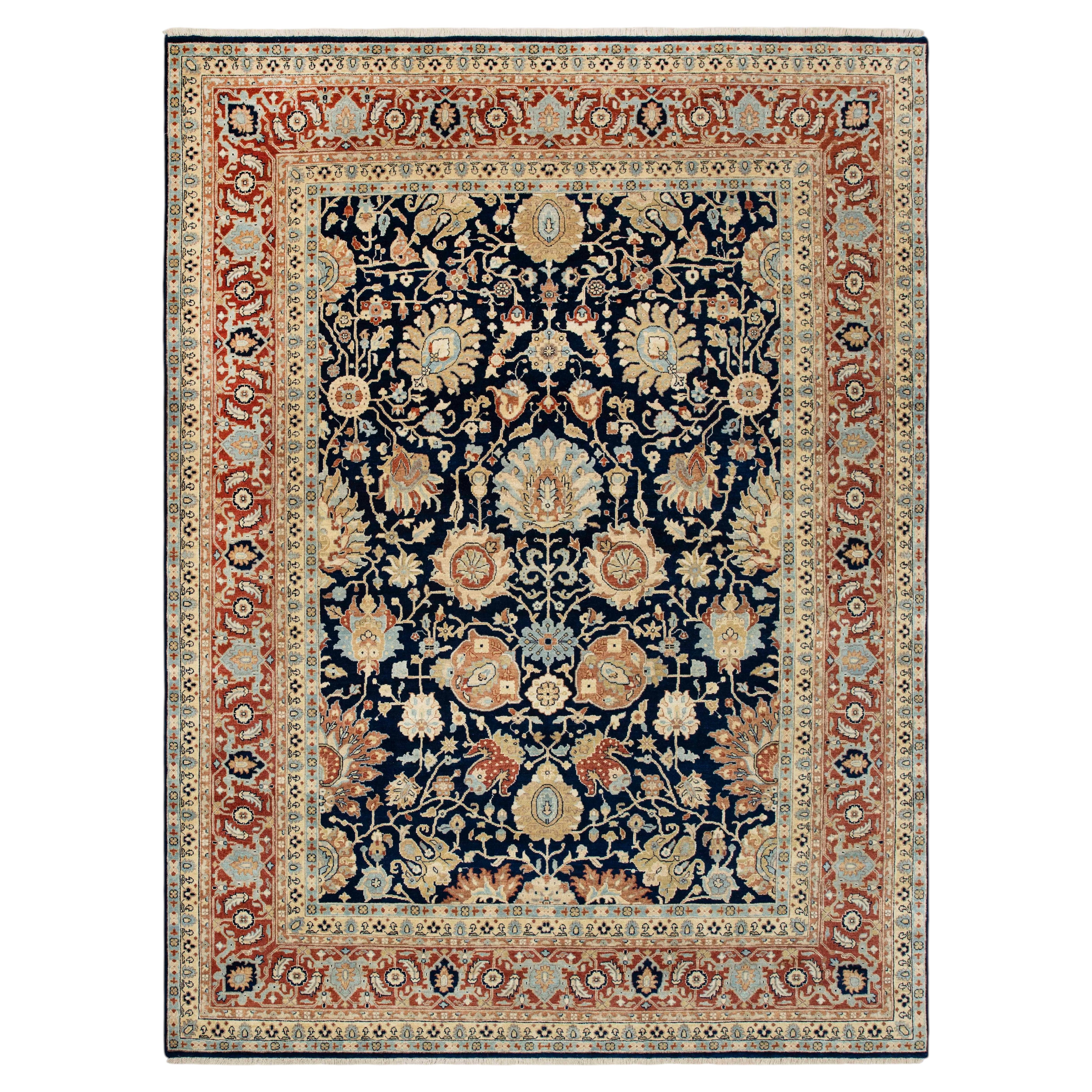 9x12 Navy Rust Floral Floral Design Hand Knotted Wool Rug ( G-13560) For Sale