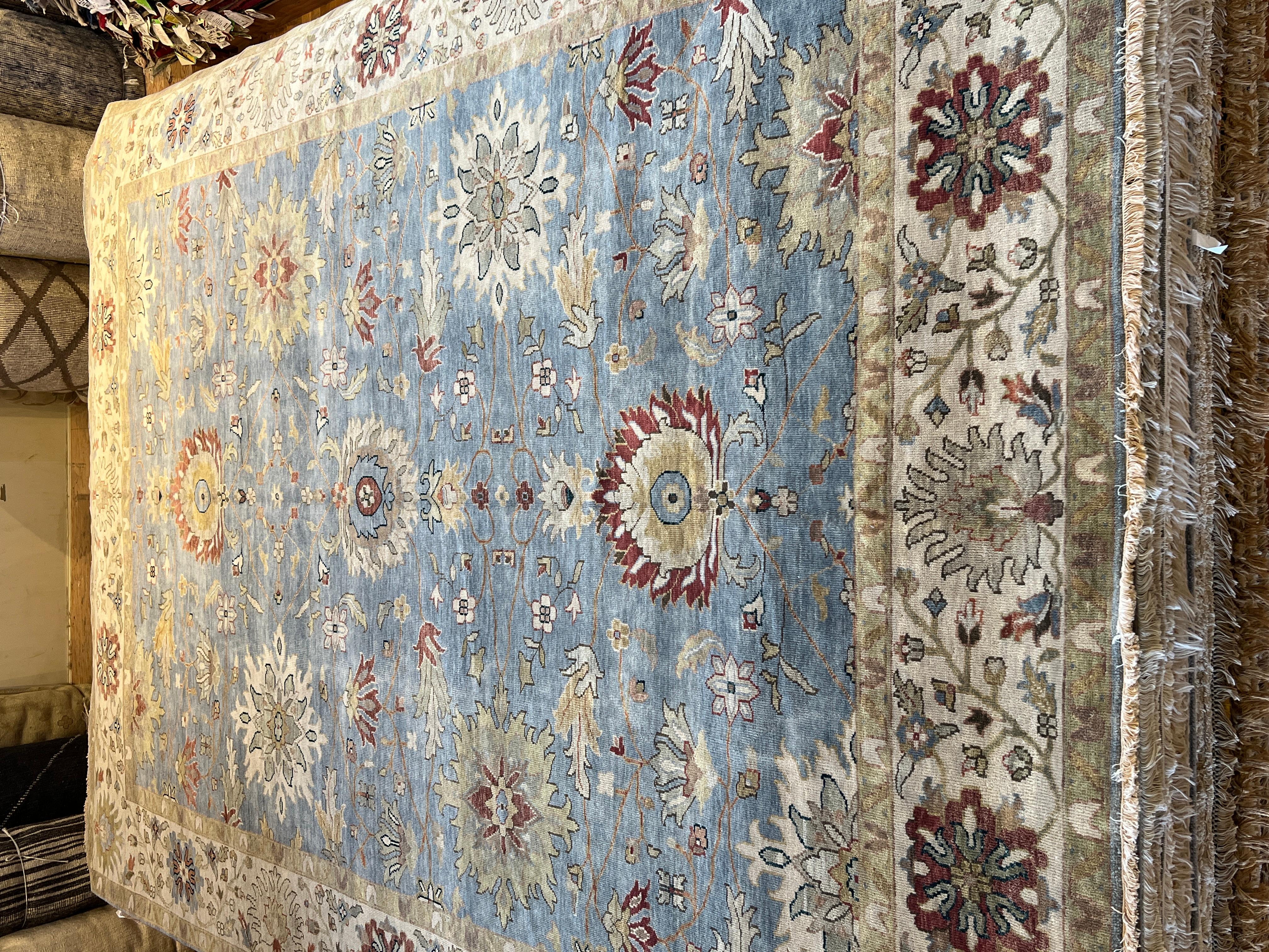 9'x12' Oushak Blues Floral Design Rug For Sale 6