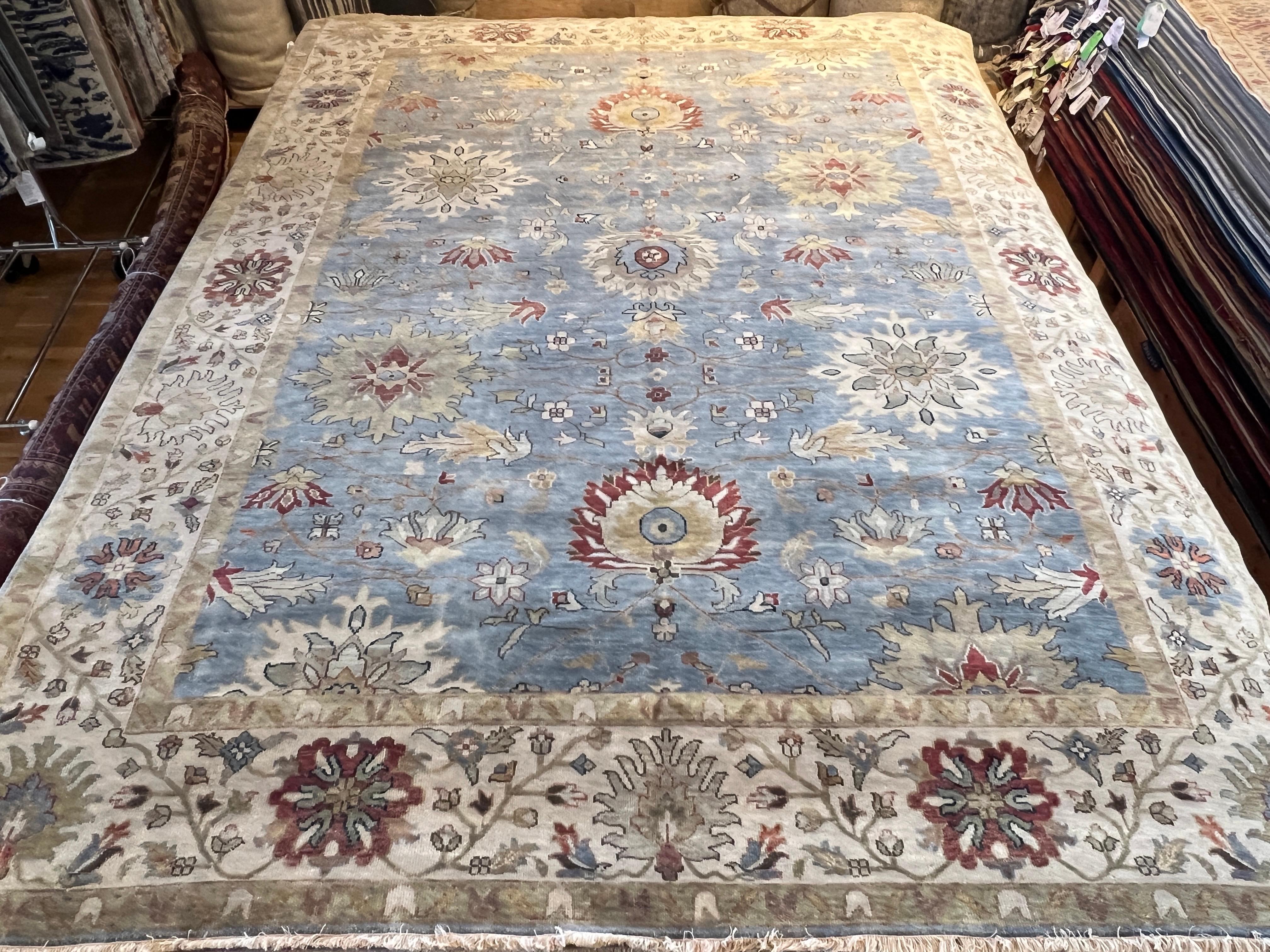 9'x12' Oushak Blues Floral Design Rug For Sale 7
