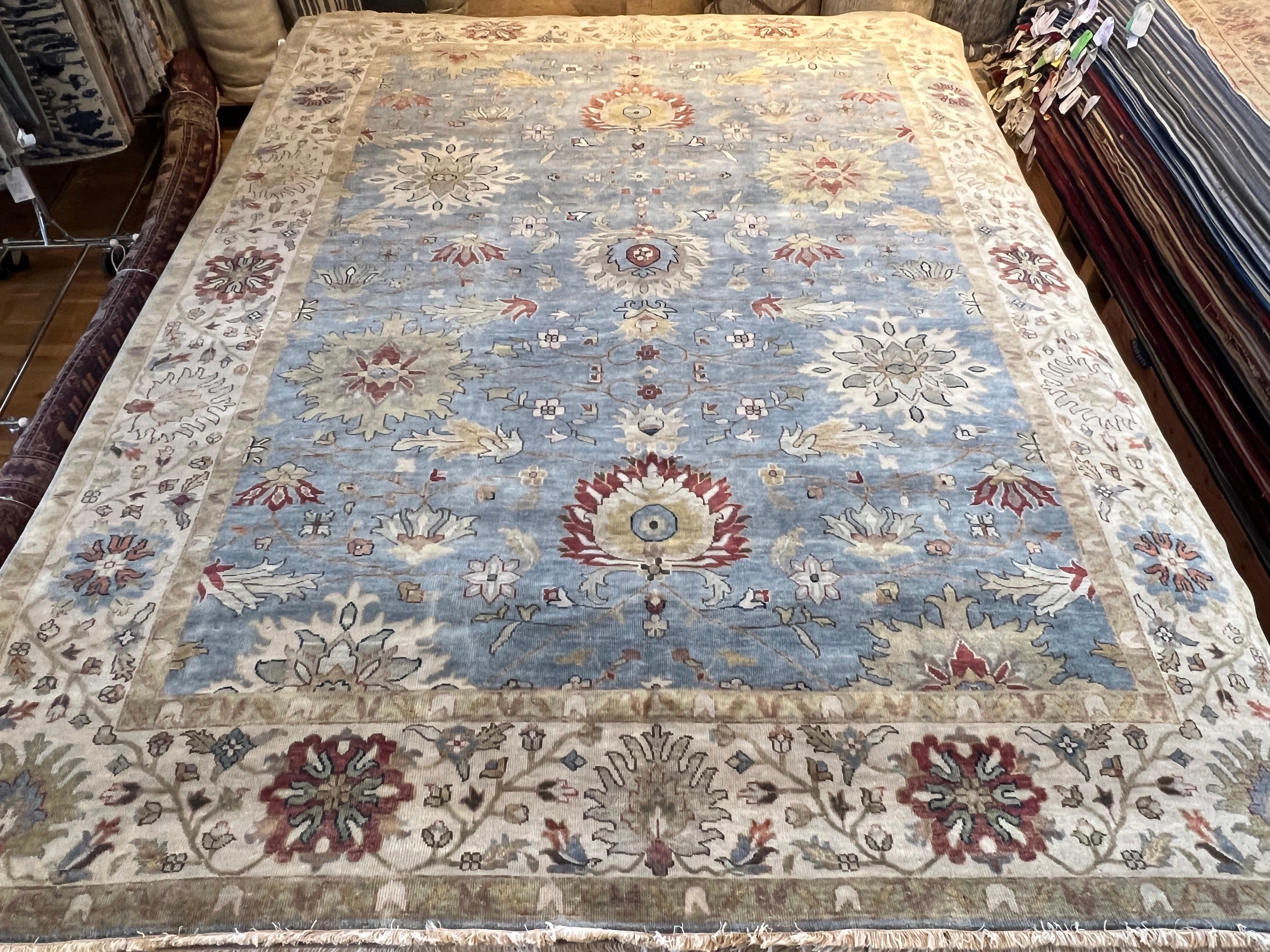 9'x12' Oushak Blues Floral Design Rug For Sale 8