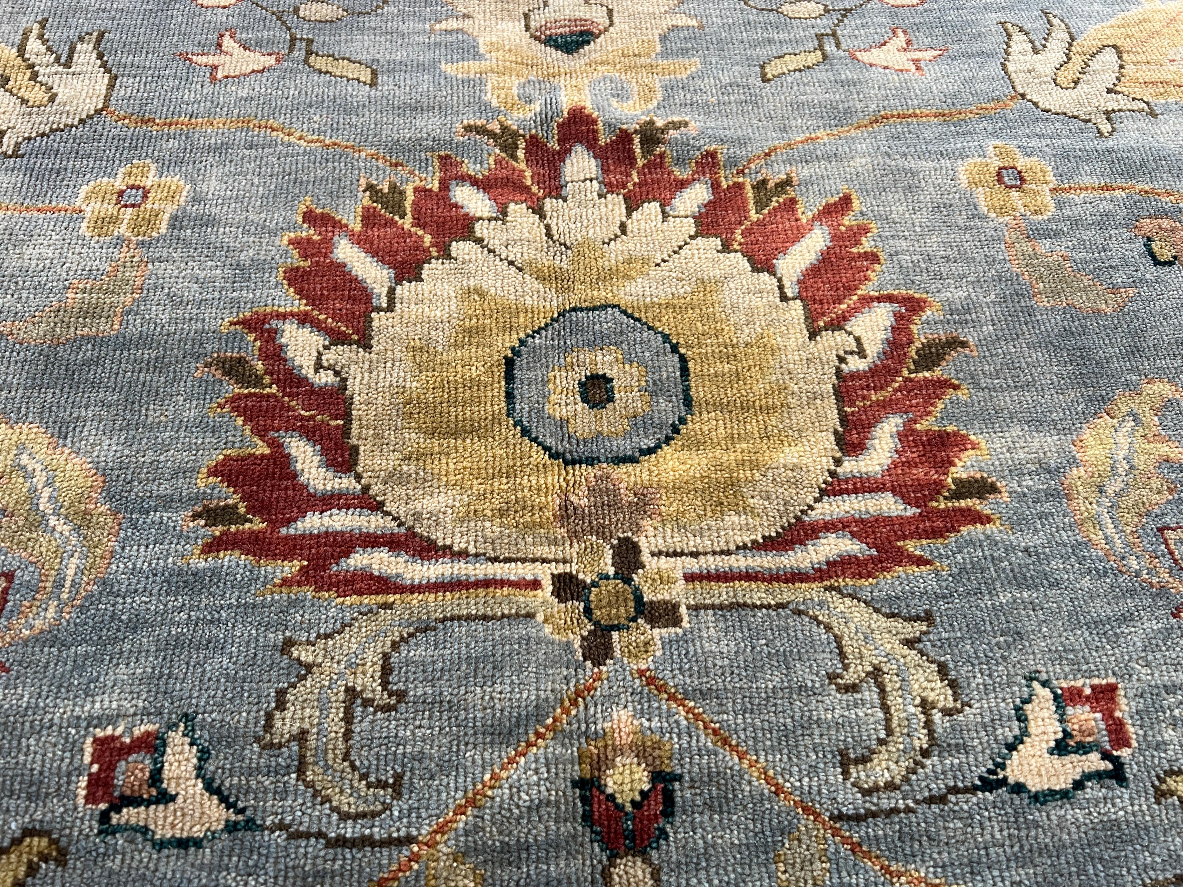 Hand-Knotted 9'x12' Oushak Blues Floral Design Rug For Sale