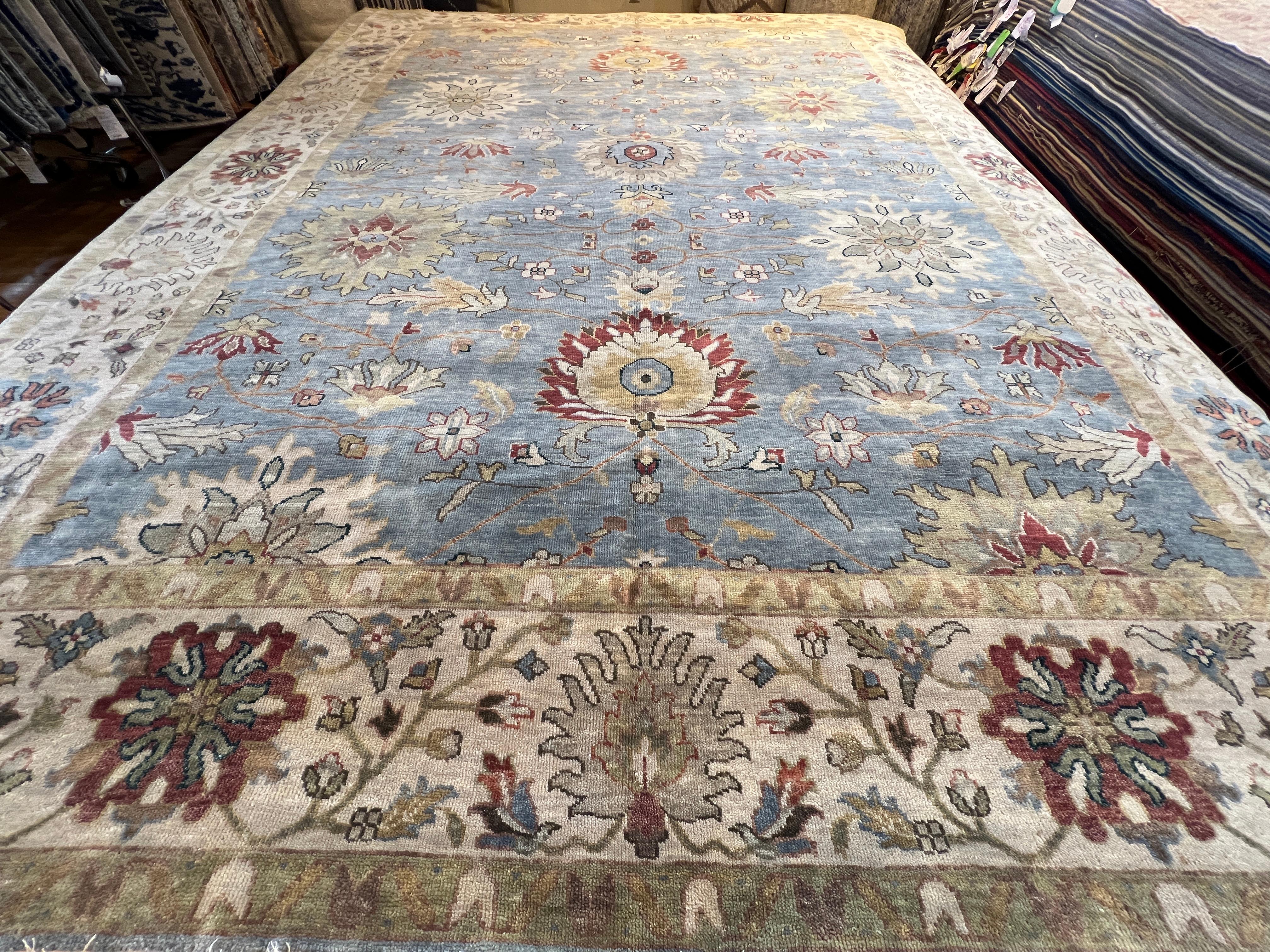Wool 9'x12' Oushak Blues Floral Design Rug For Sale