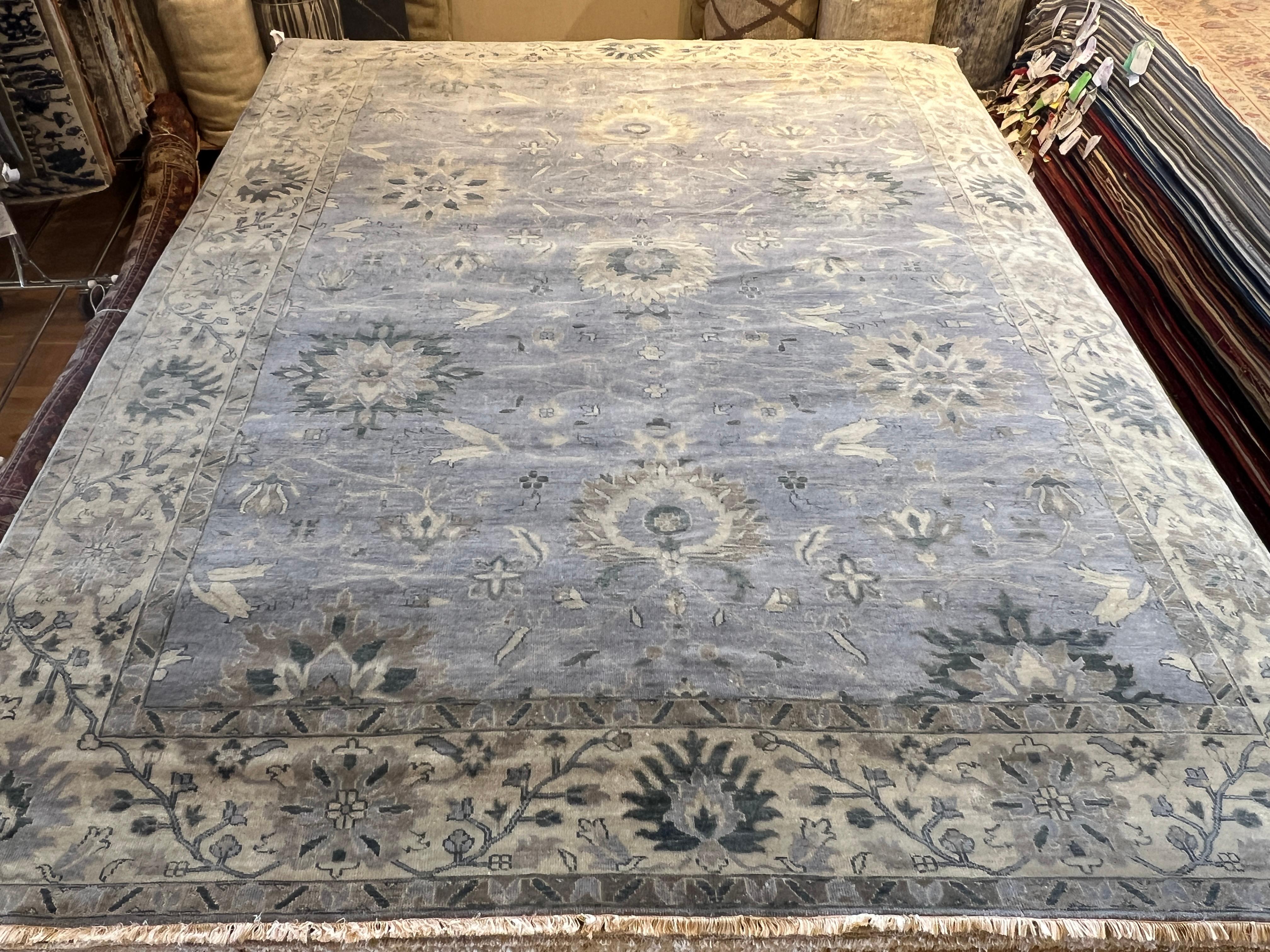 9'x12' Oushak Grauer und blauer Teppich im geblümten Design im Angebot 4