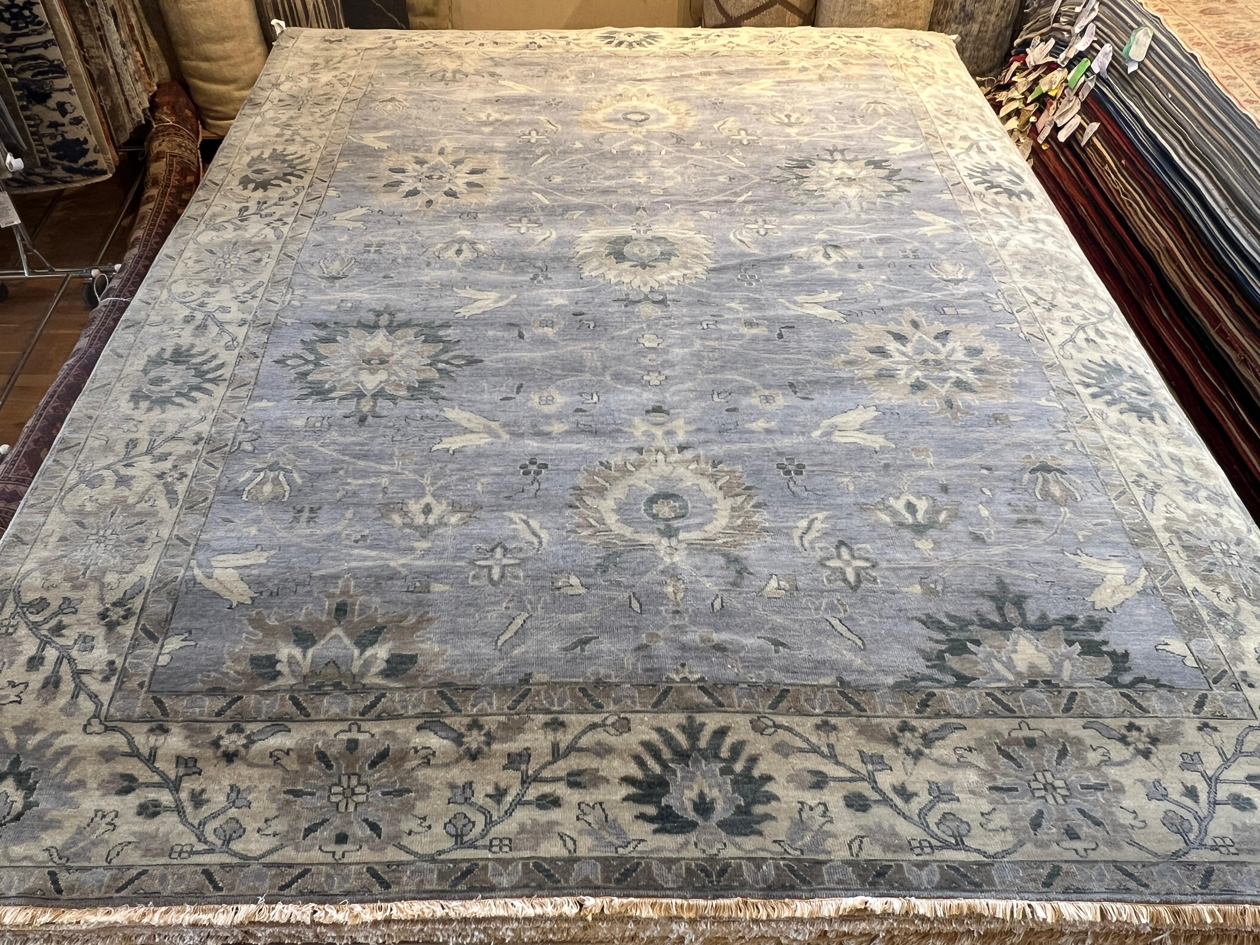 9'x12' Oushak Grays and Blues Floral Design Rug For Sale 5