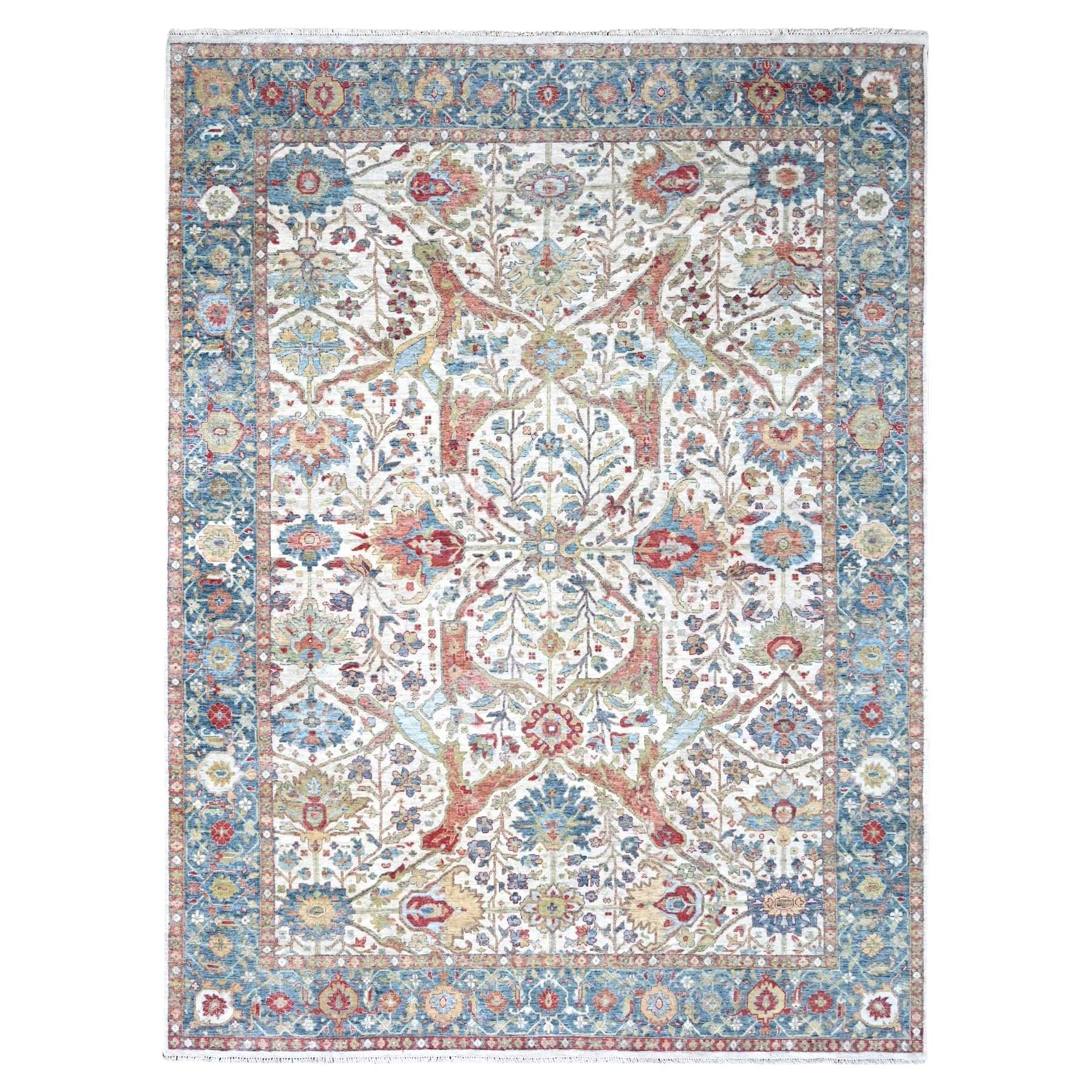 9'x12' Oyster White Hand Knotted Distressed Antiqued Persian Pure Wool Rug