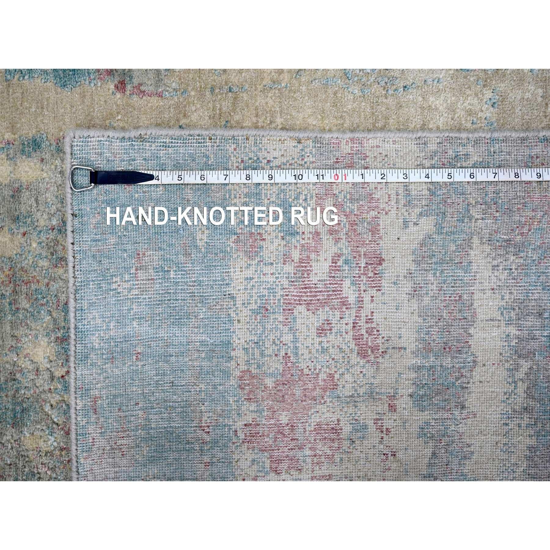 Tapis en laine et soie nouée à la main 9'x12' Jaune pastel et bleu Design/One en vente 3