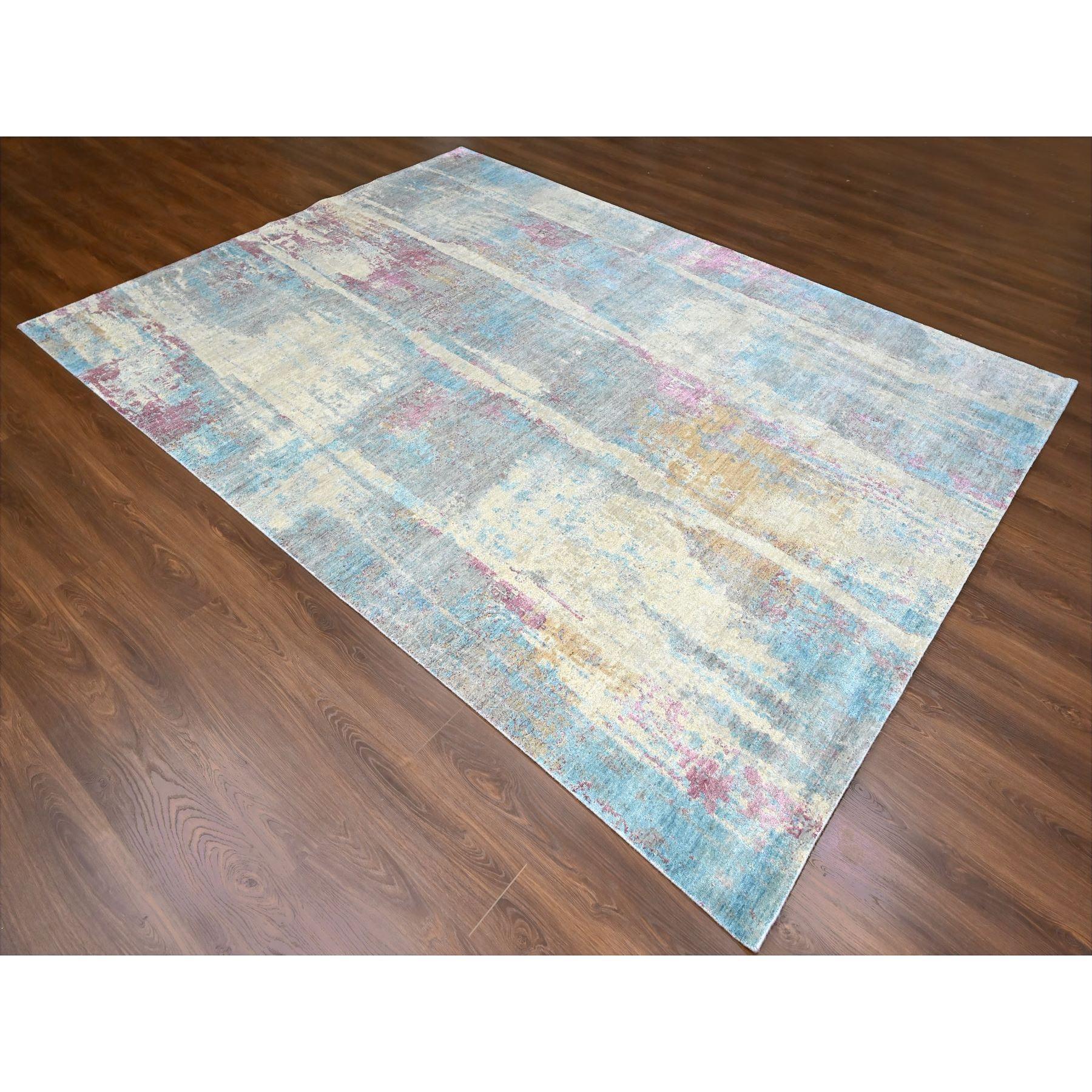 Moderne Tapis en laine et soie nouée à la main 9'x12' Jaune pastel et bleu Design/One en vente