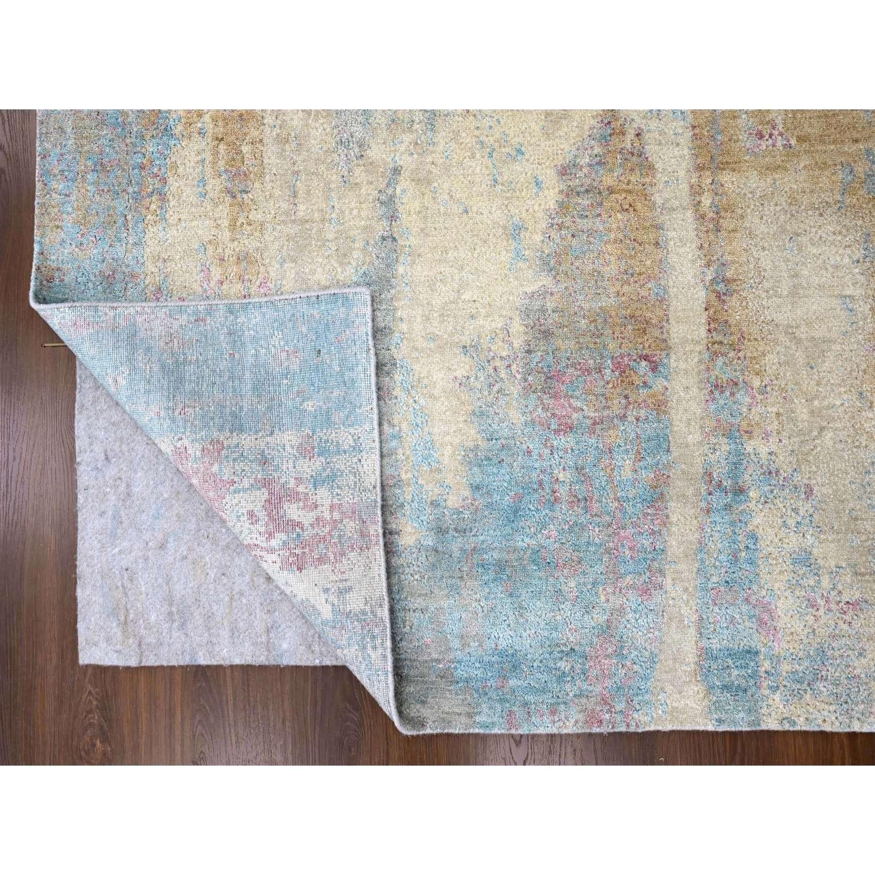 Indien Tapis en laine et soie nouée à la main 9'x12' Jaune pastel et bleu Design/One en vente