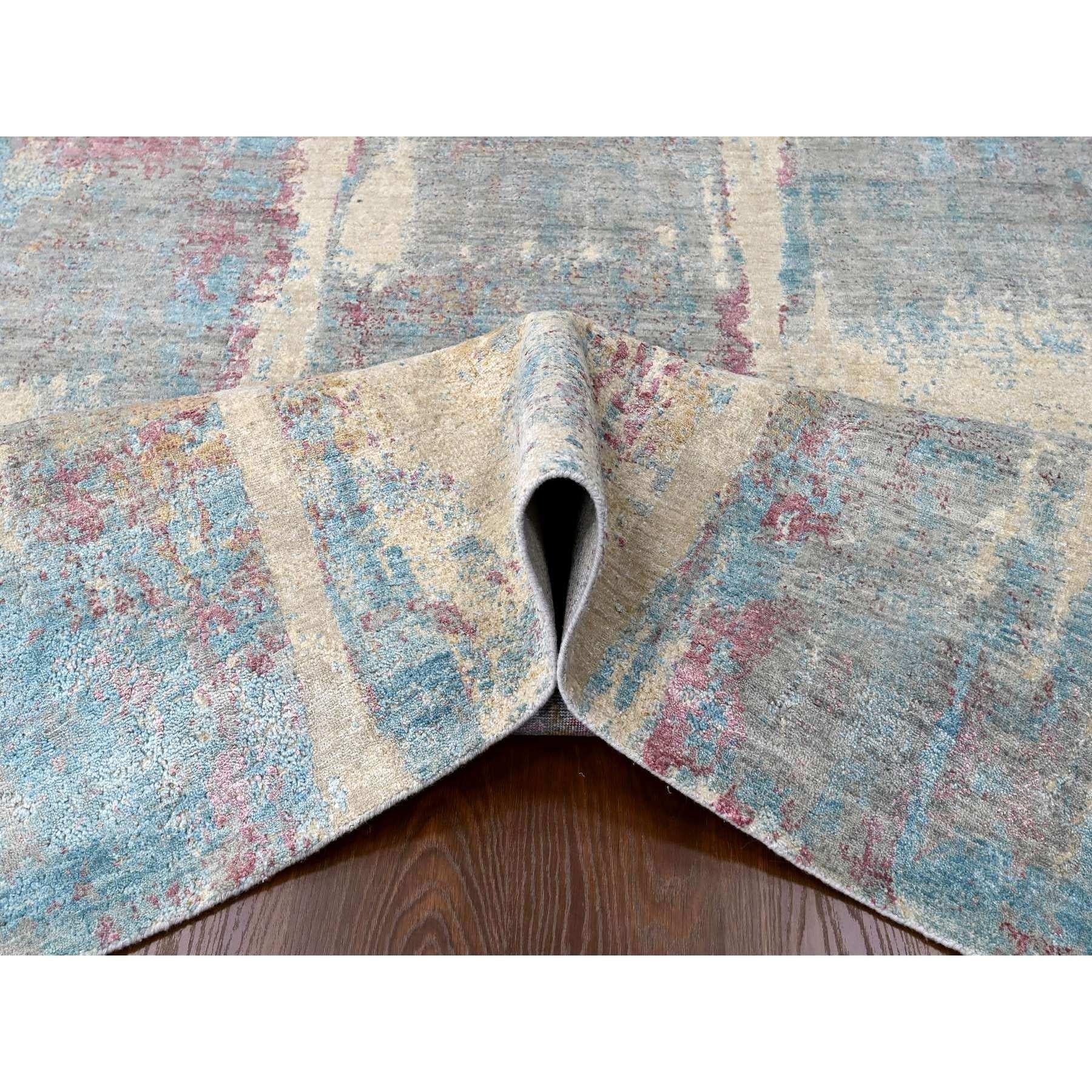 Noué à la main Tapis en laine et soie nouée à la main 9'x12' Jaune pastel et bleu Design/One en vente