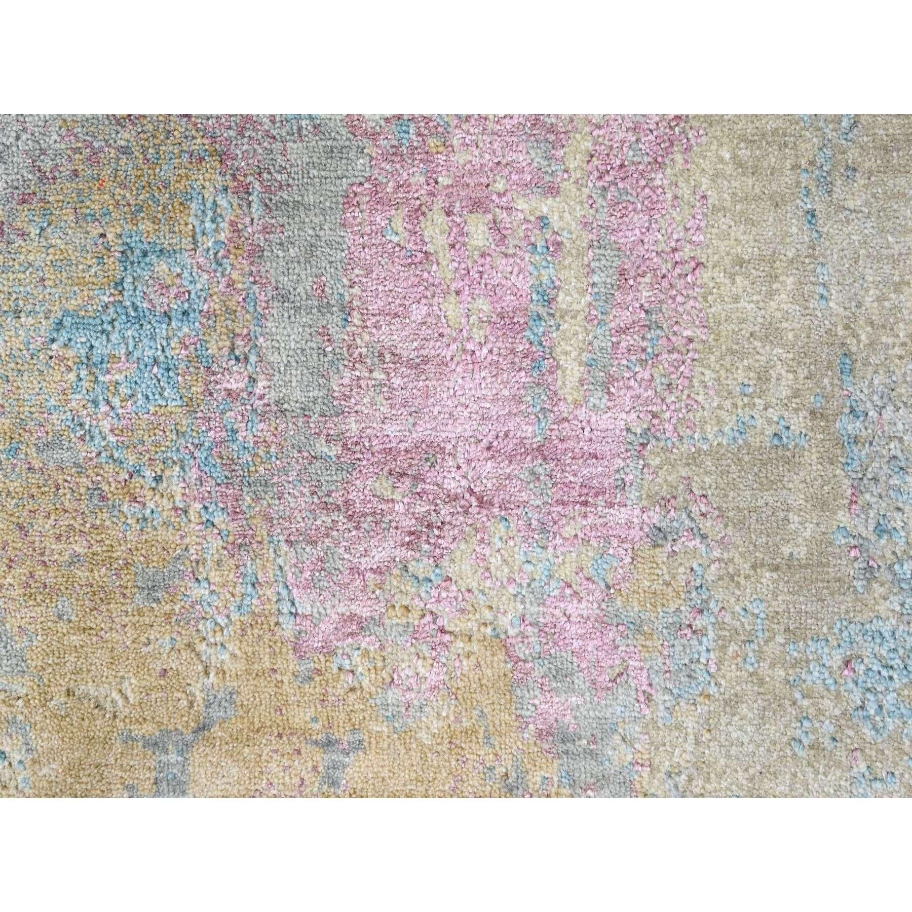 Laine Tapis en laine et soie nouée à la main 9'x12' Jaune pastel et bleu Design/One en vente