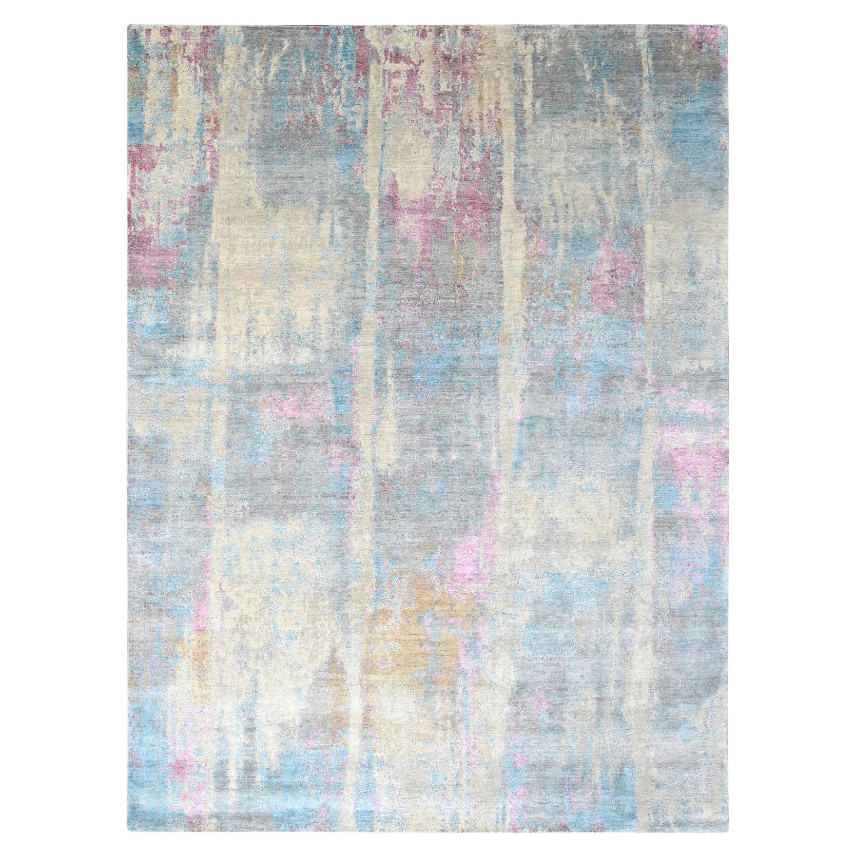 Tapis en laine et soie nouée à la main 9
x12
 Jaune pastel et bleu Design/One en vente