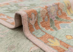 9x12 Peach with Mint Bordered Hand Knotted Oushak Floral Wool Rug ( JC-10649)