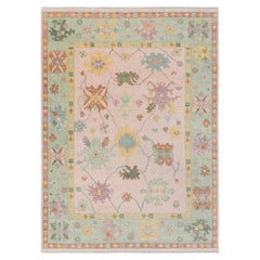9x12 Peach with Mint Bordered Hand Knotted Oushak Floral Wool Rug ( JC-10649)