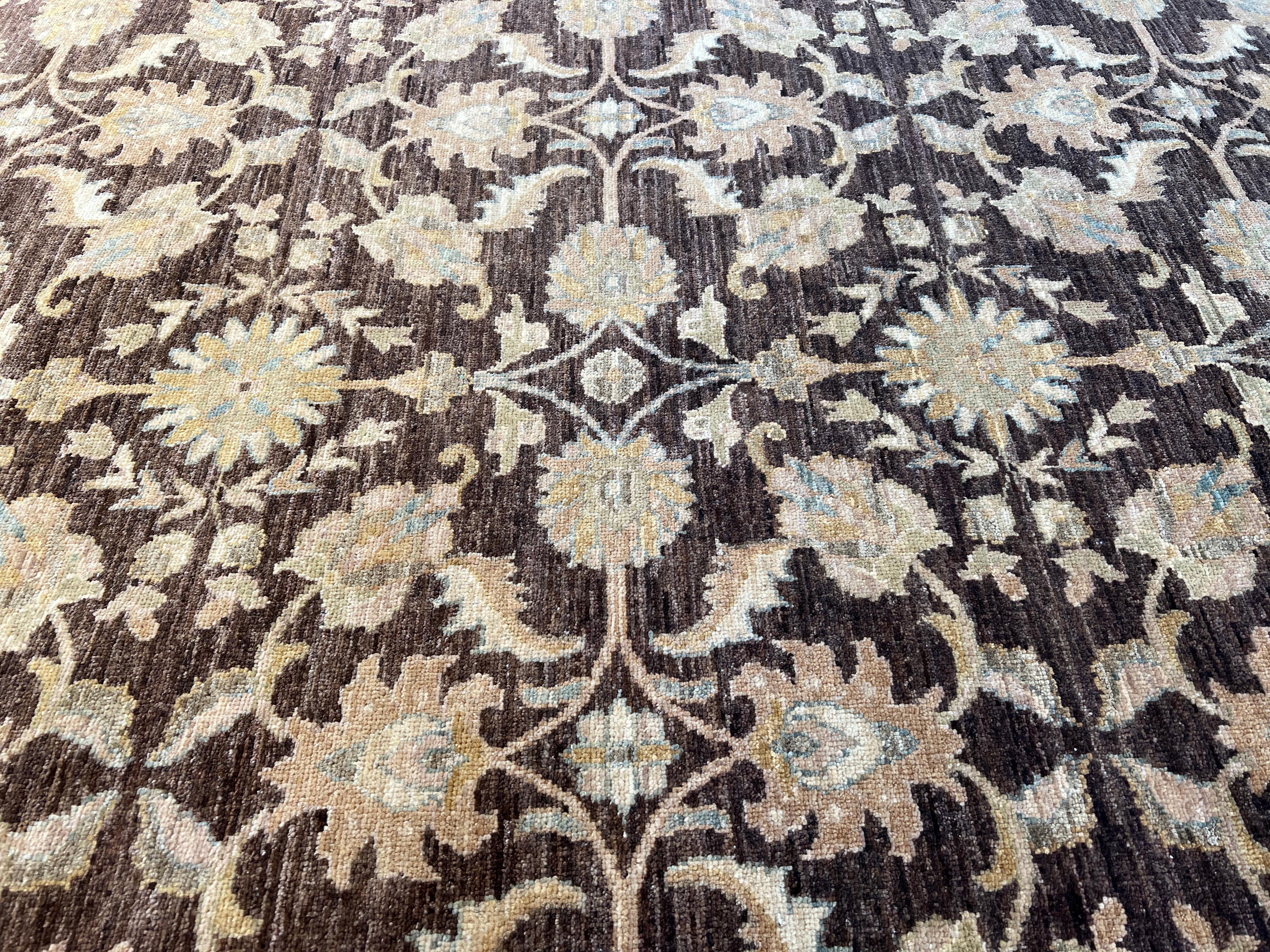 Annodato a mano Tappeto floreale marrone Eleg dal design persiano 9'x12' in vendita