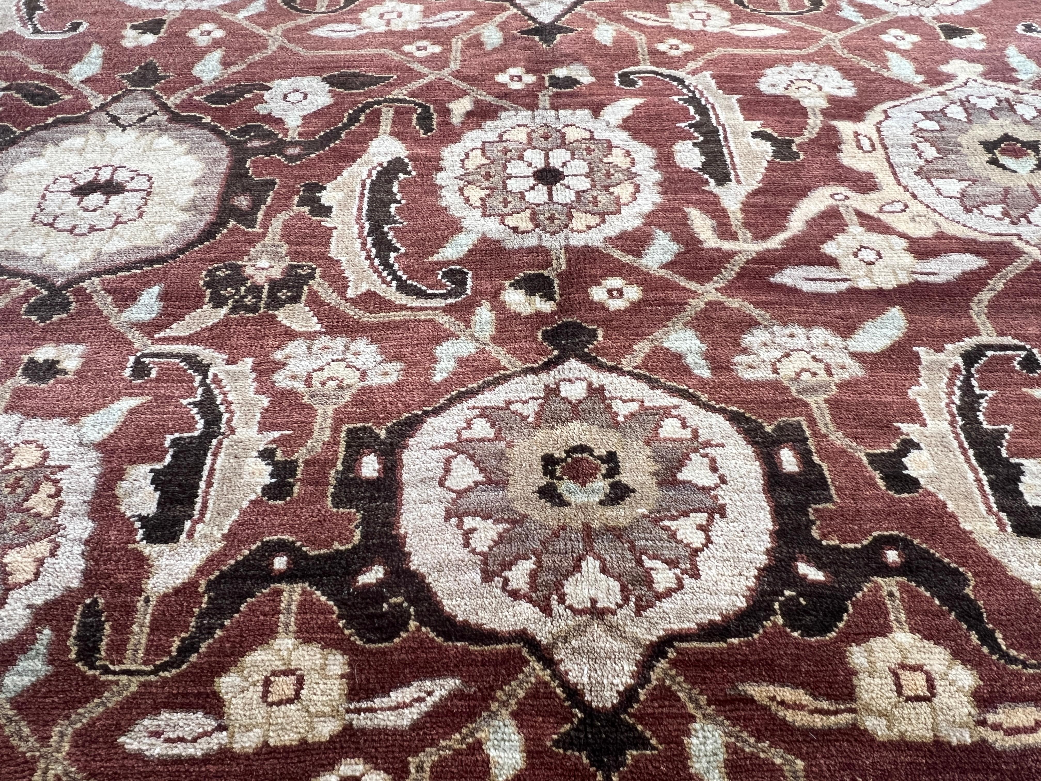 Annodato a mano Tappeto floreale 9'x12' dal design persiano rosso e marrone in vendita