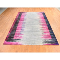 9'x12' Pink Erased Horizontal Line Design Sari Silk with Textured Wool Rug