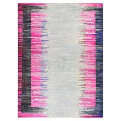 9'x12' Pink Erased Horizontal Line Design Sari Silk with Textured Wool Rug