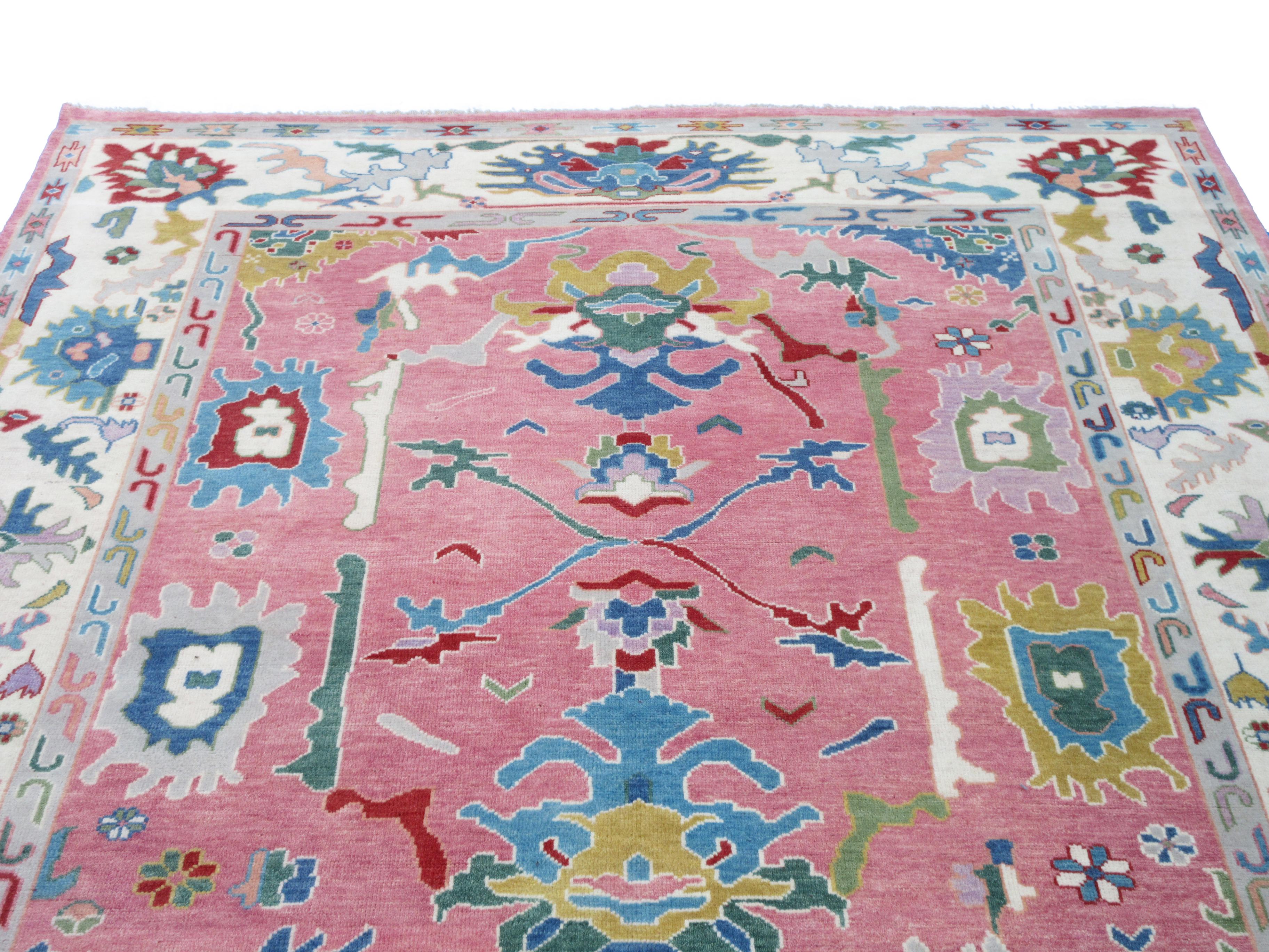 Hand-Knotted Pink Oushak For Sale