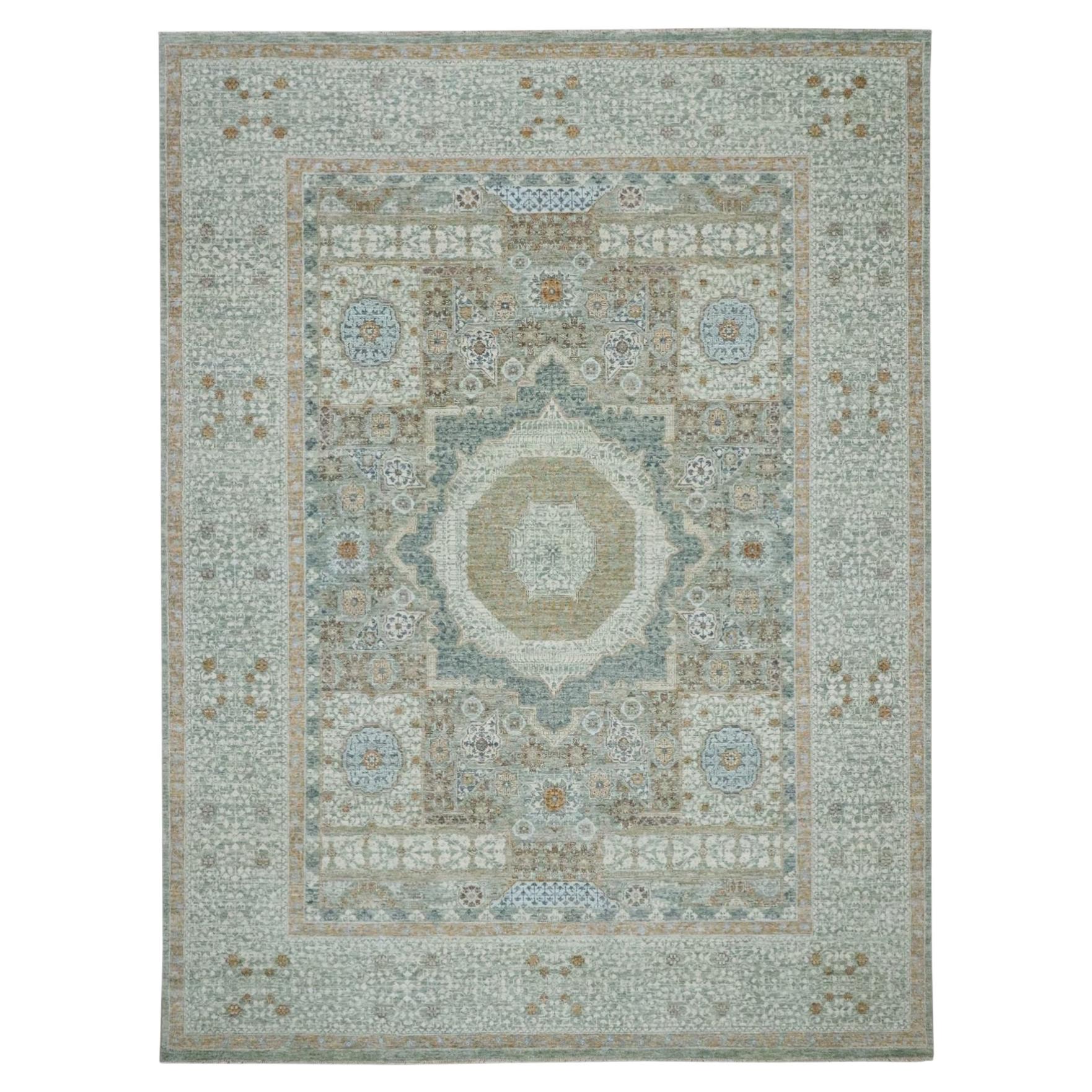 9'x12' Pistachio Green Hand Knotted Mamluk Design Wool Oriental Rug