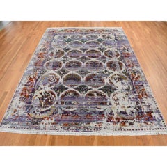 9'x12' Purple COLORFUL ERASED ROSSETS Silk with Wool Hand Knotted Rug